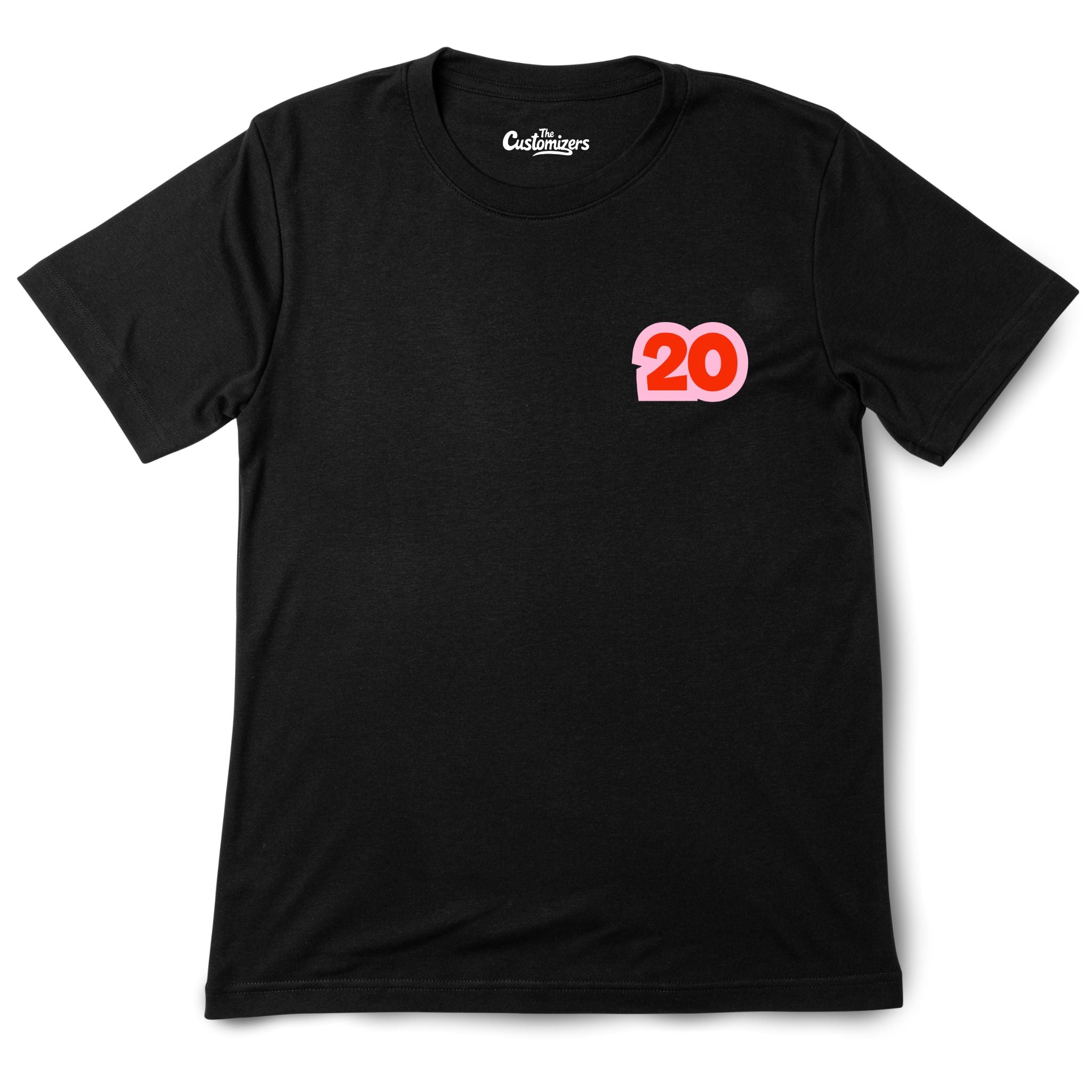 Black T-shirt with small red “20” design on the front left chest.