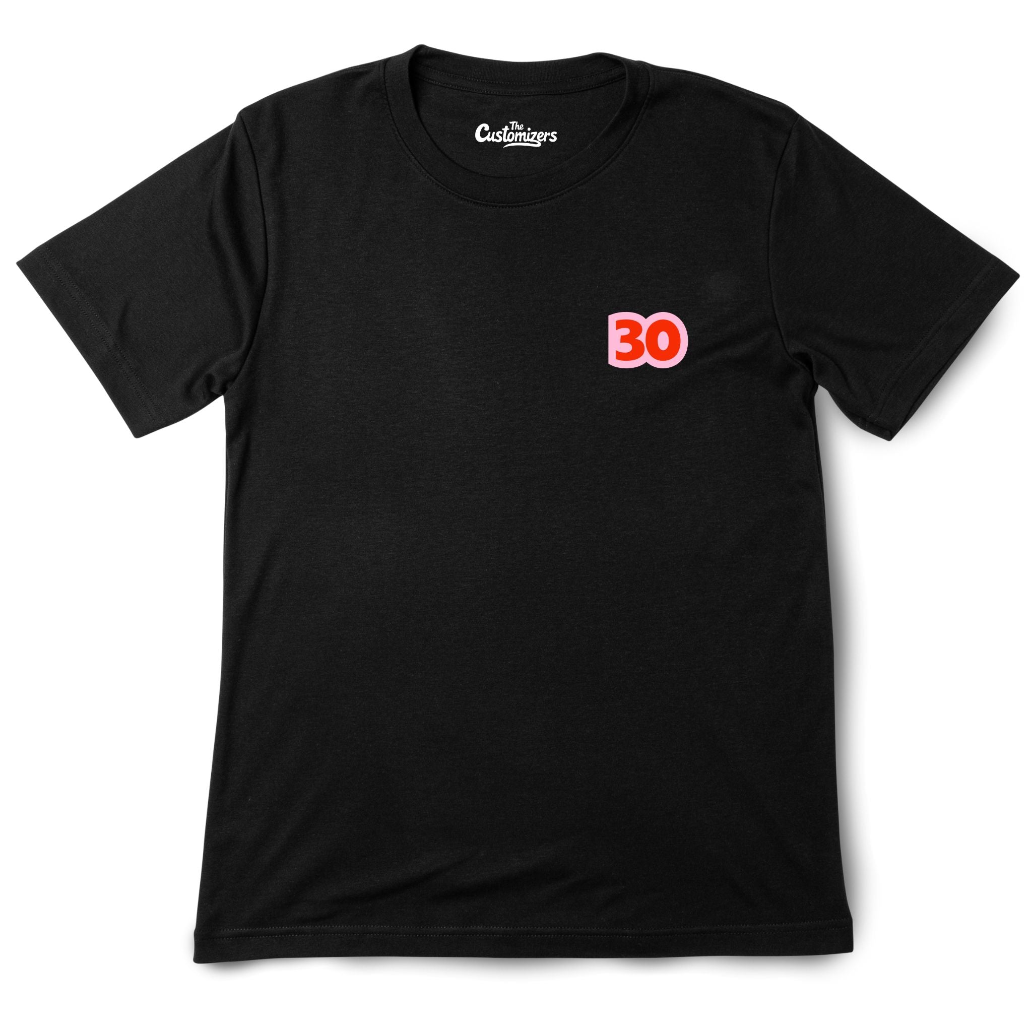 Black T-shirt with small red “30” design on the left chest.