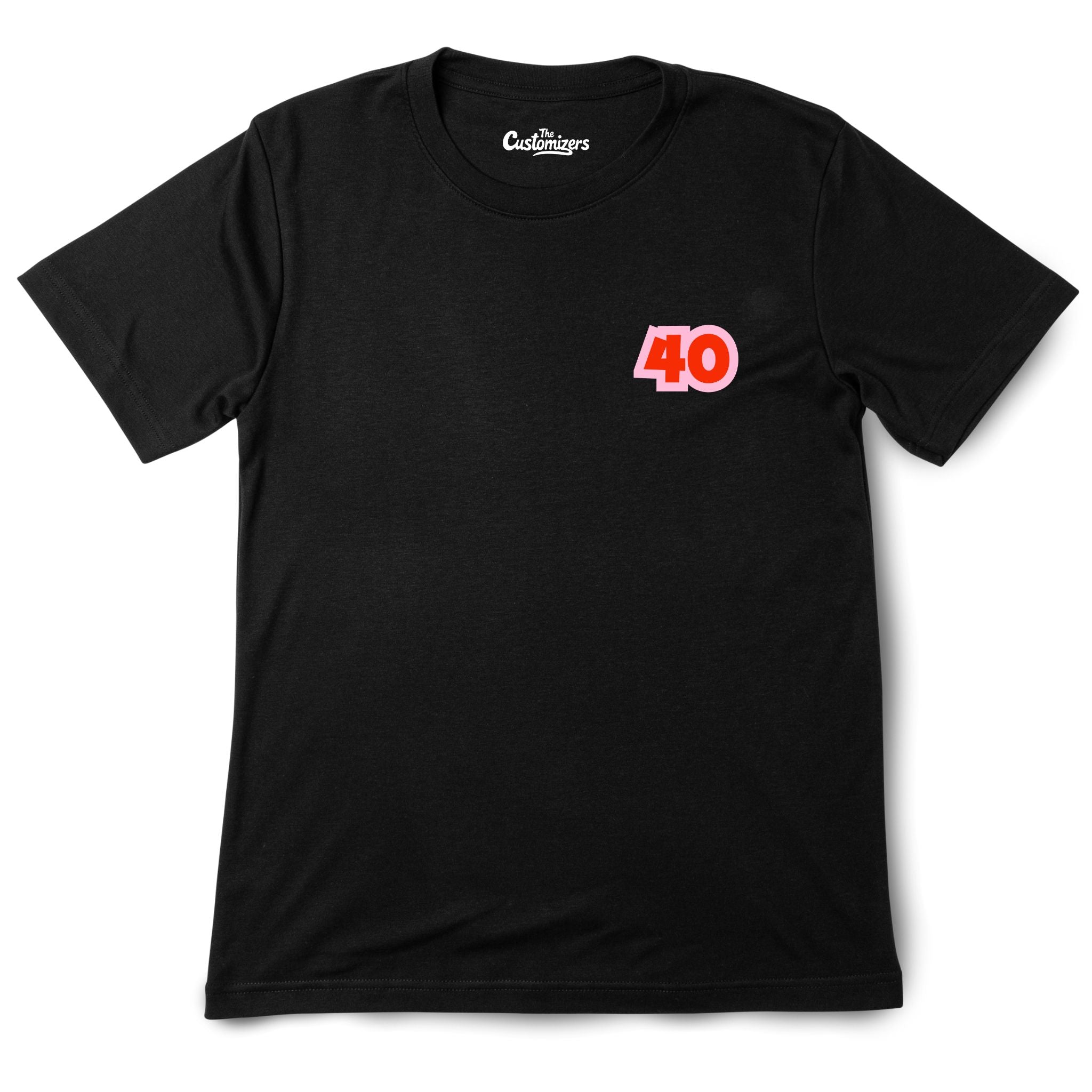 Black T-shirt with small red “40” design on the front left chest