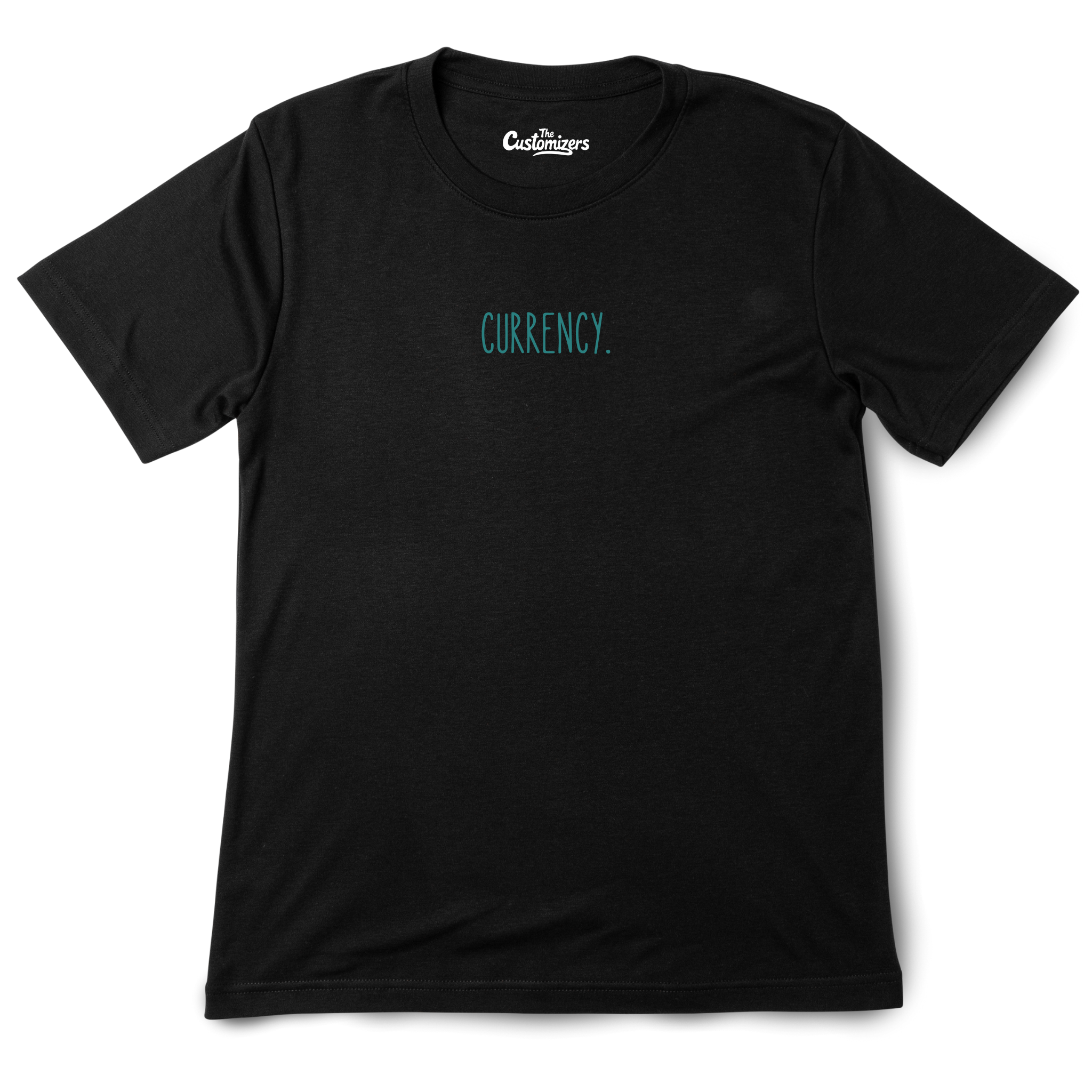 Black t-shirt with 'Currency' text on a white background
