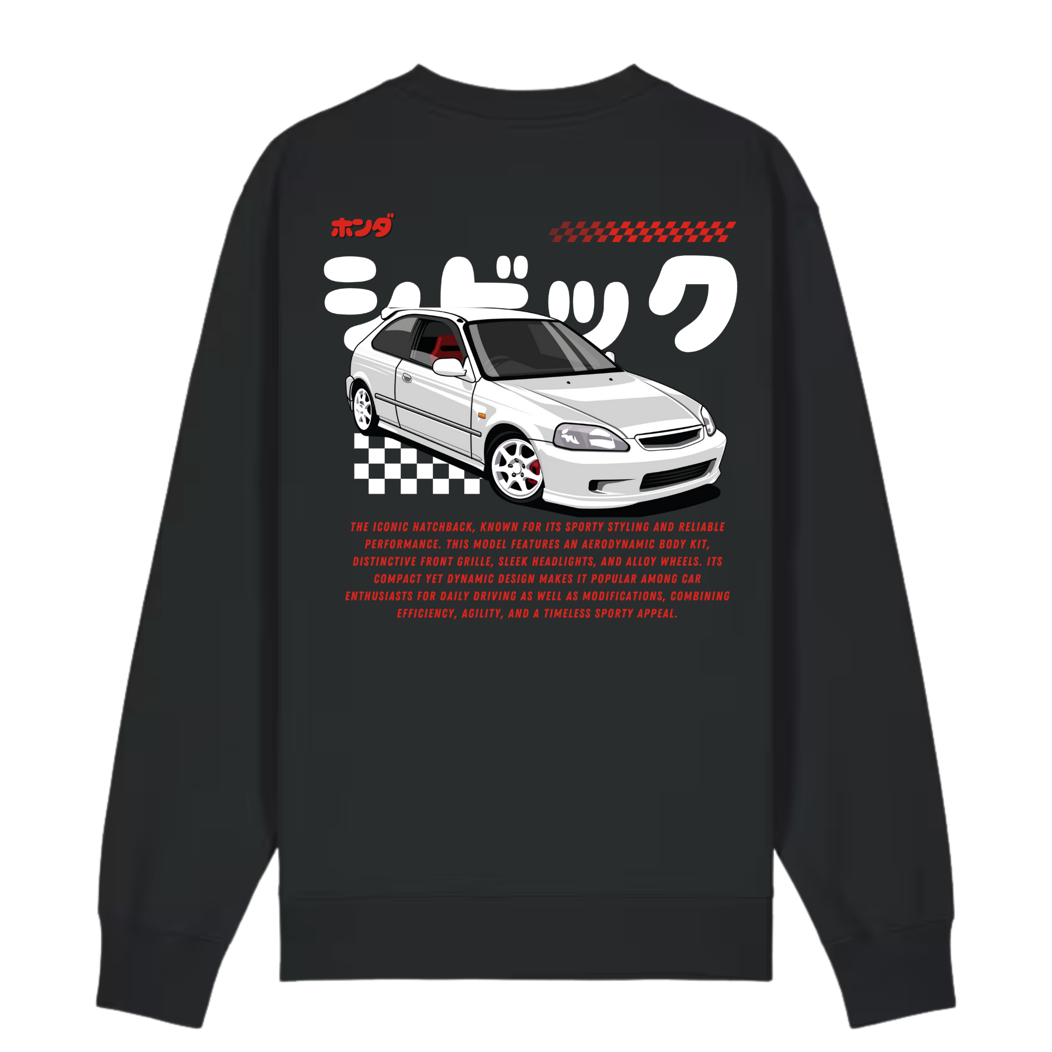 Black crewneck sweatshirt with 90s JDM hatchback illustration and Japanese typography on the back.