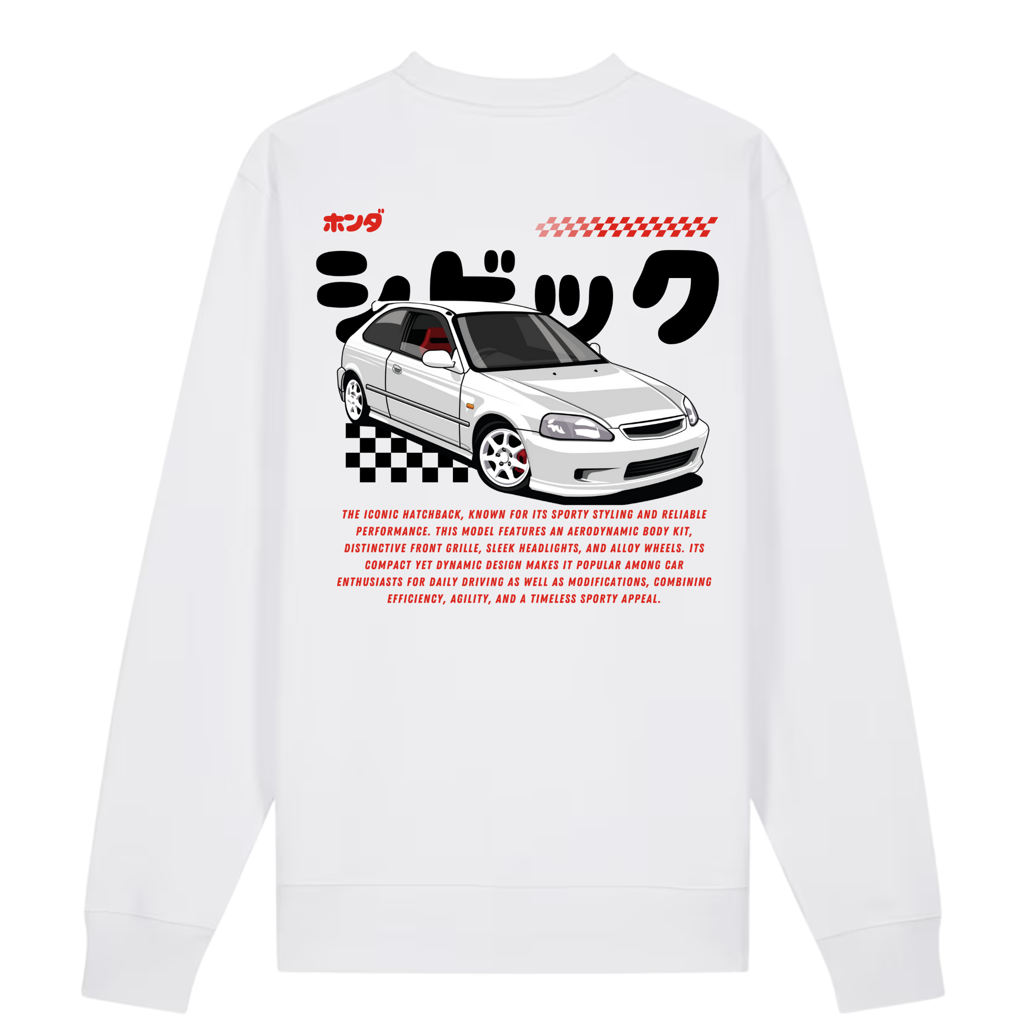 White crewneck sweatshirt with illustrated 90s JDM hatchback design and checkered racing print on the back.