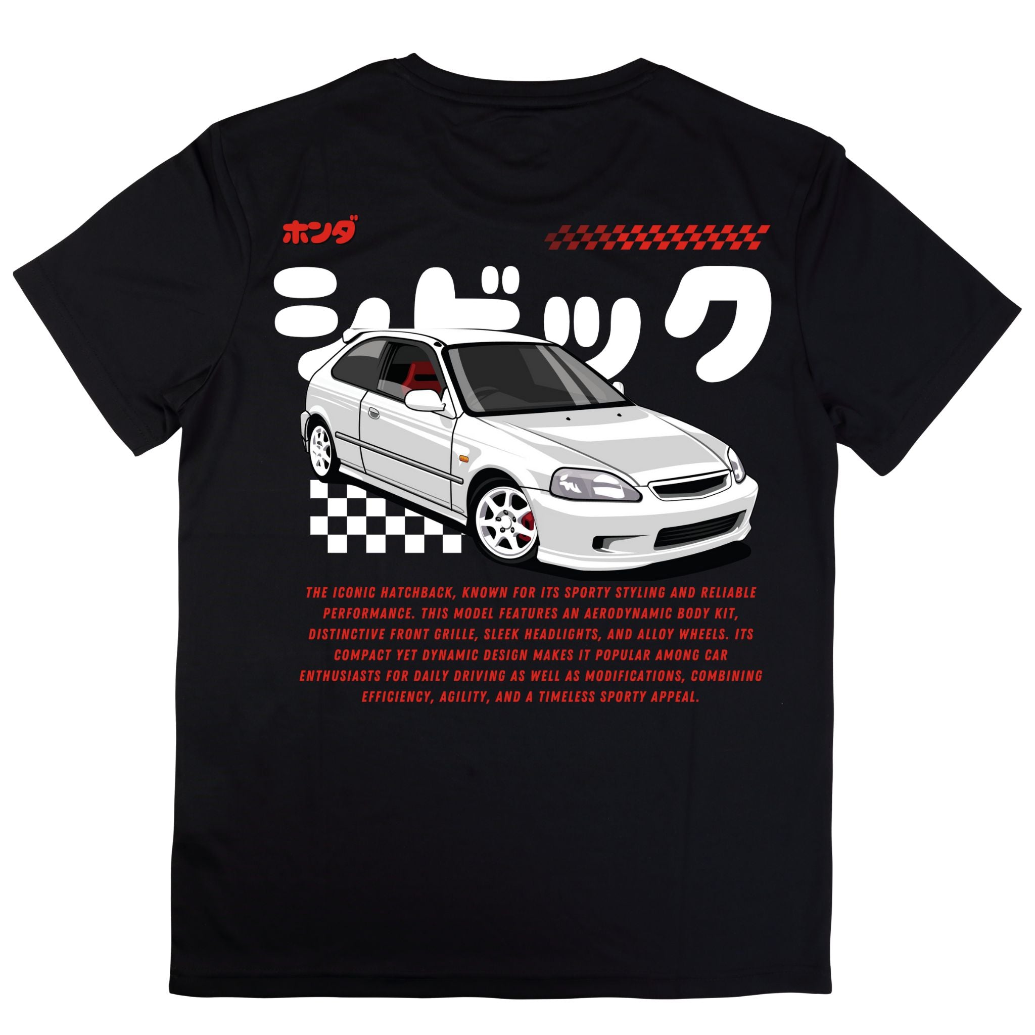 Black T-shirt featuring a 90s JDM hatchback illustration with Japanese text and car specifications on the back.