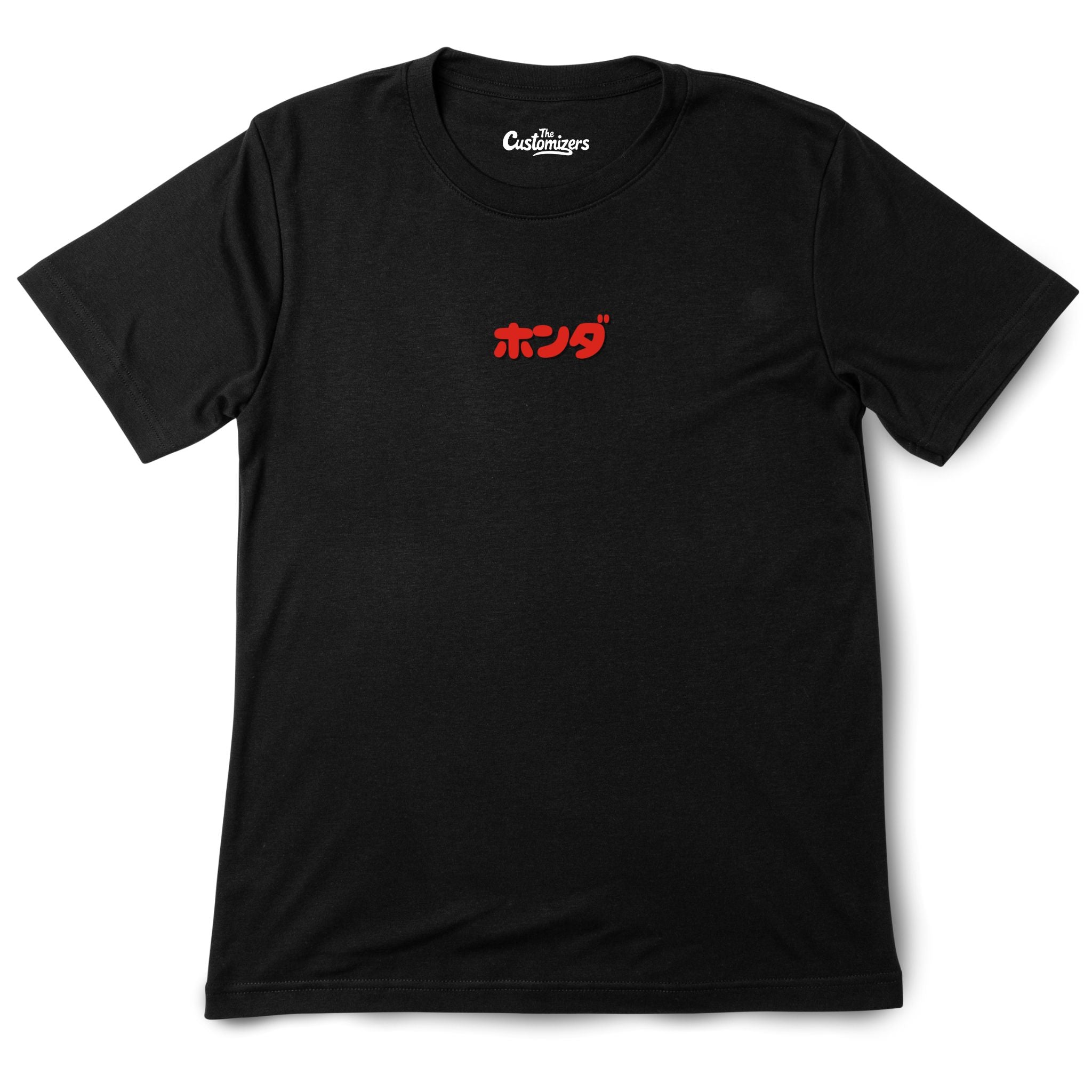 Black T-shirt front view with red Japanese lettering on the chest.