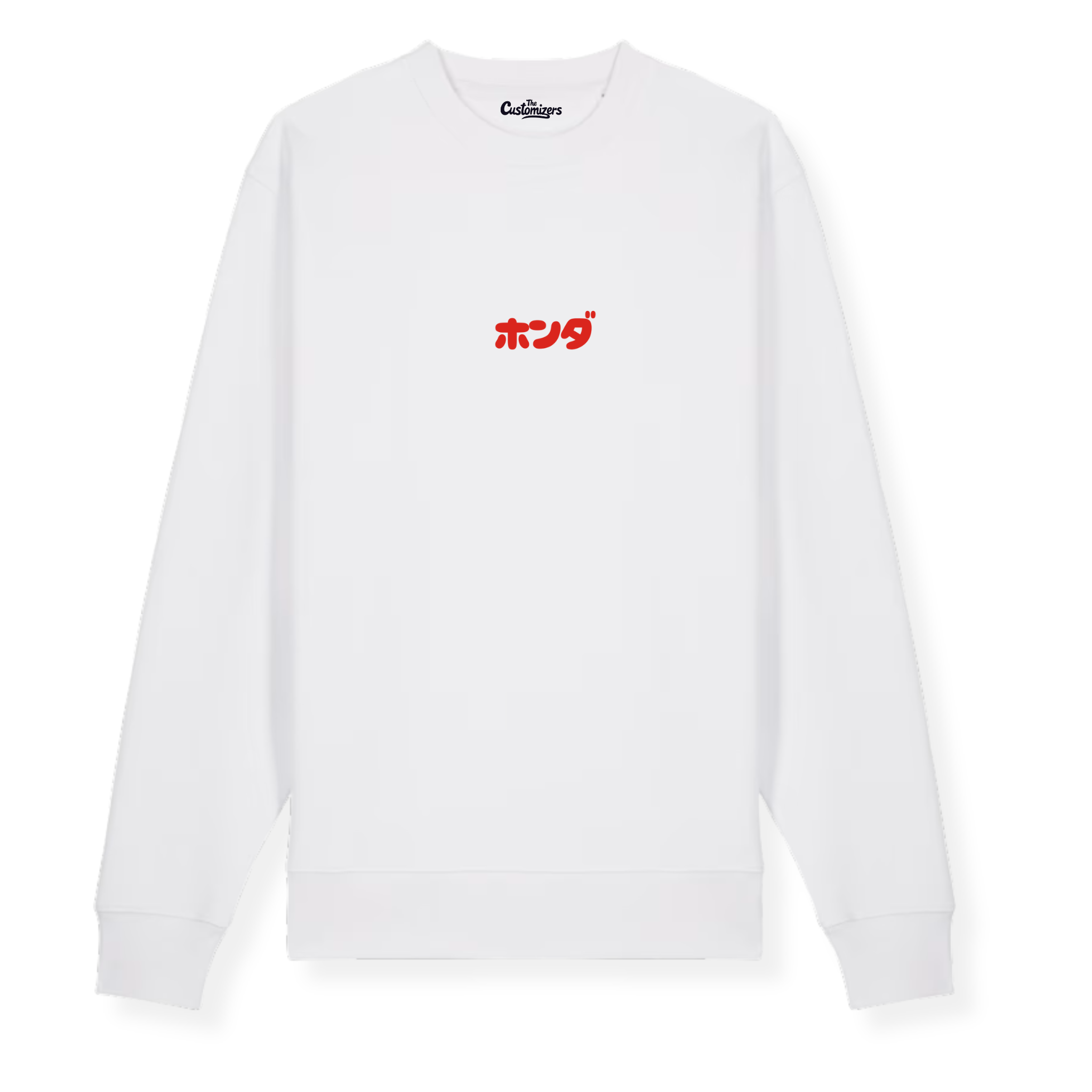 White crewneck sweatshirt with red Japanese script on the front.