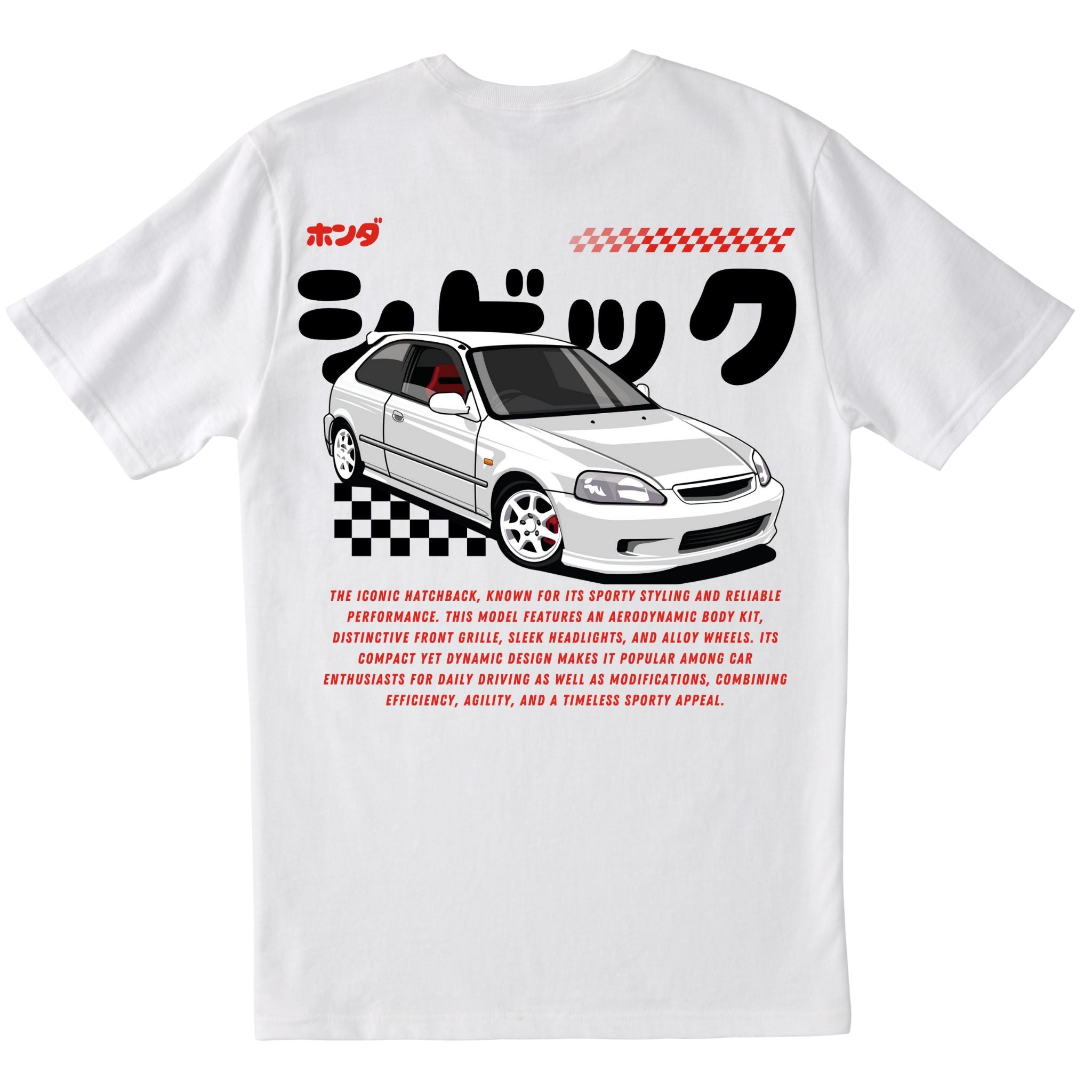 White T-shirt featuring a 90s JDM hatchback design with bold Japanese text and racing-inspired details on the back.