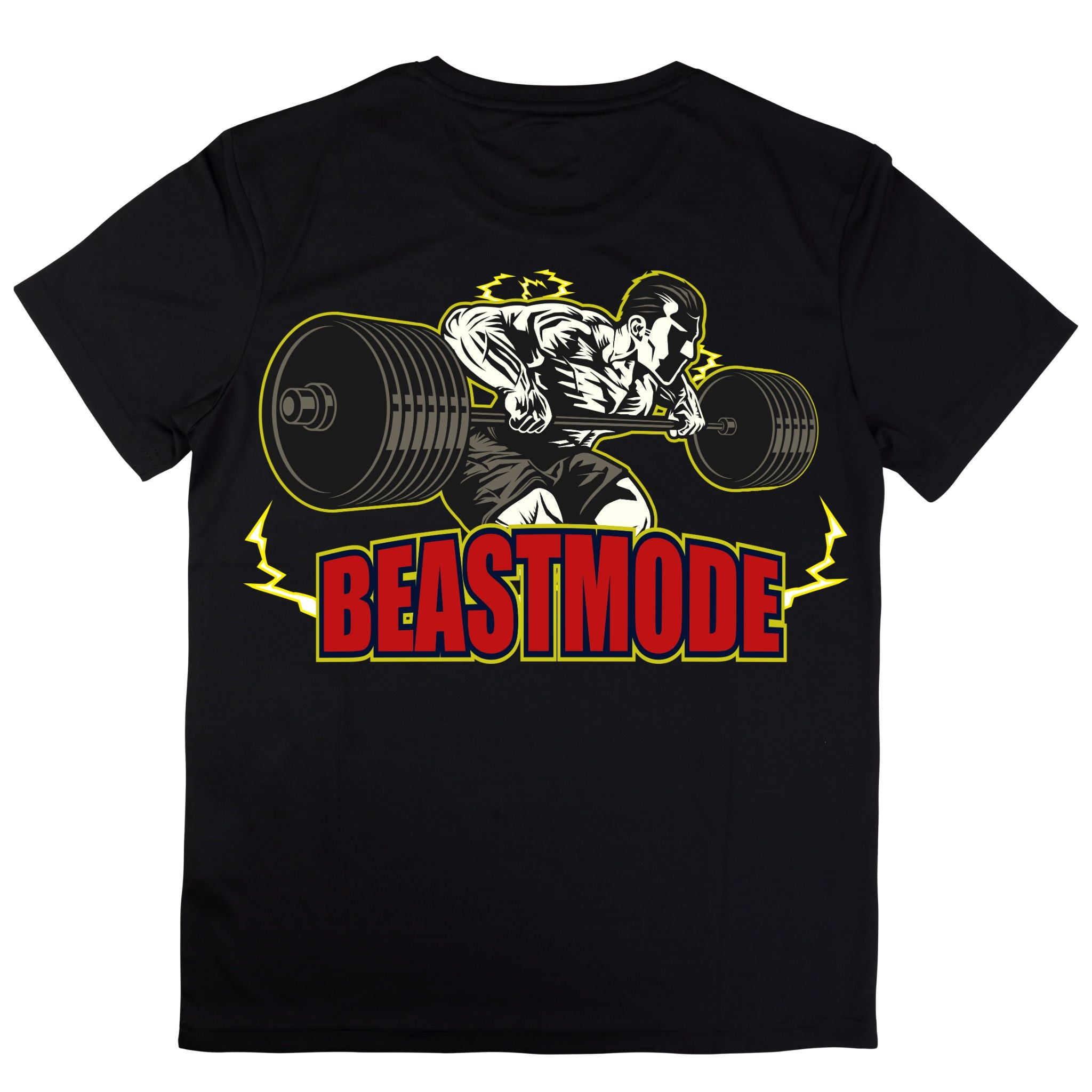 Back view of a black short-sleeve t-shirt with a large, dynamic graphic. The graphic shows a muscular athlete intensely rowing or deadlifting a heavily loaded barbell, with yellow lightning bolts, and the large red and yellow text "BEASTMODE".