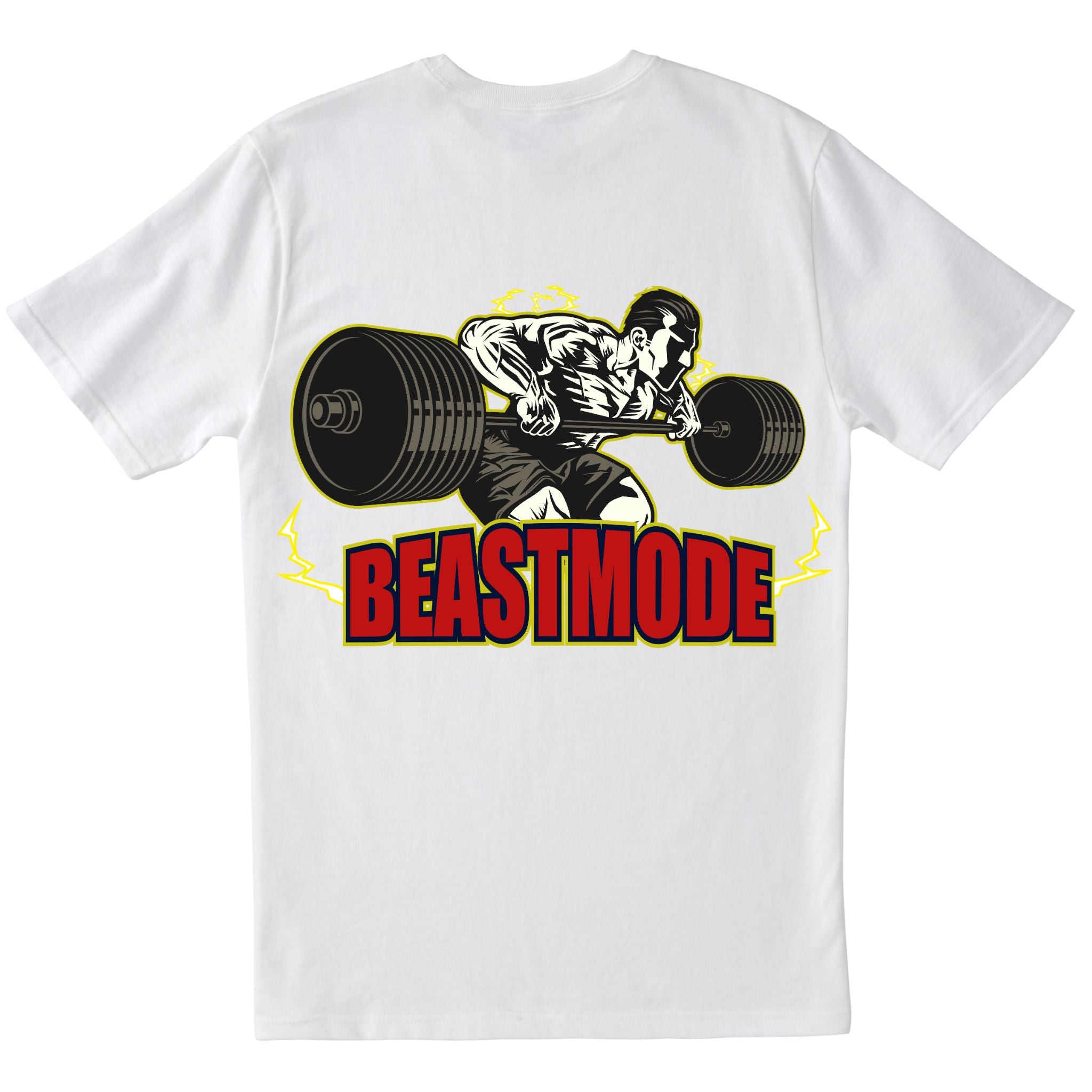 Back view of a white short-sleeve t-shirt with a large, dynamic graphic. The graphic shows a muscular athlete intensely rowing or deadlifting a heavily loaded barbell, with yellow lightning bolts, and the large red and yellow text "BEASTMODE".