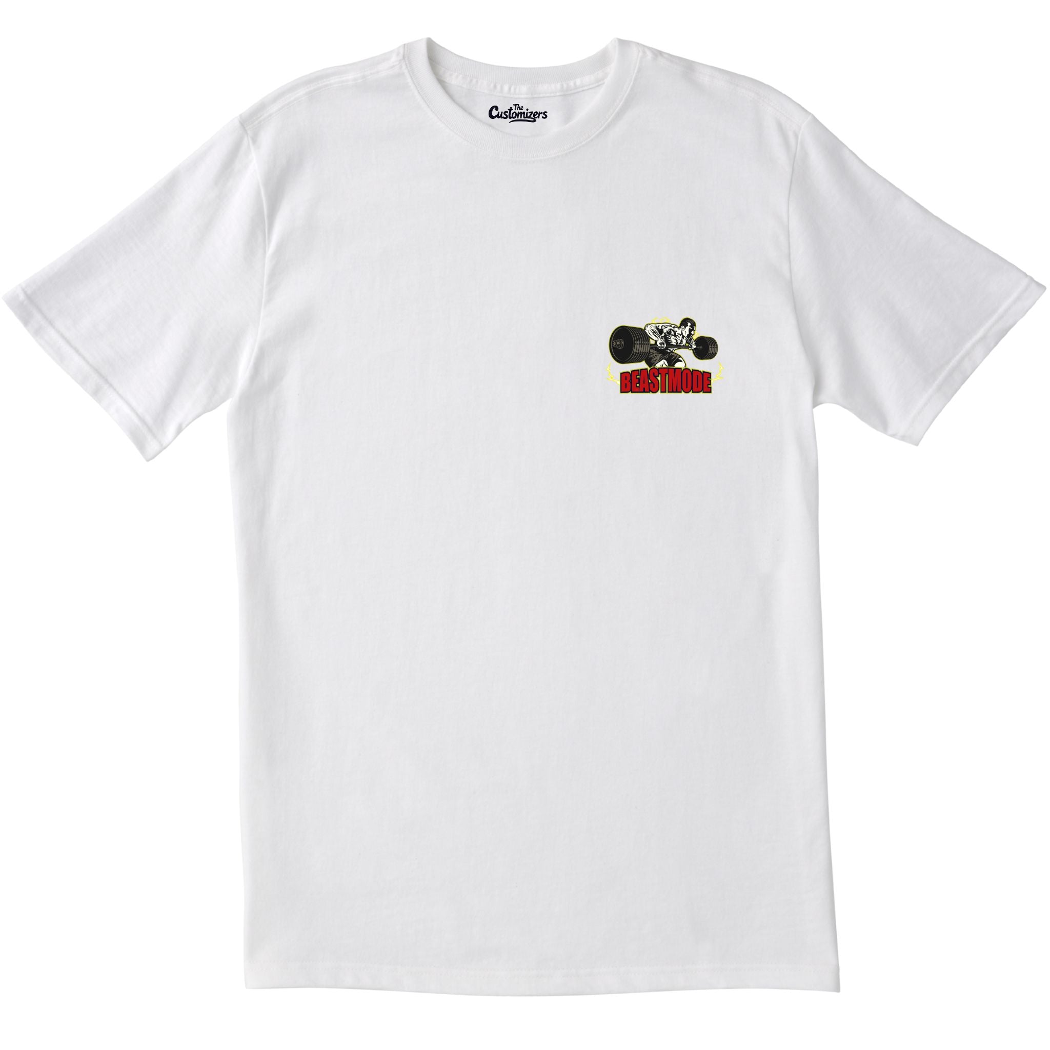 White short-sleeve t-shirt with a small logo on the left chest. The logo shows a bodybuilder doing a heavy row or deadlift with a barbell, surrounded by yellow lightning, and the text "BEASTMODE". The word "Customizers" is printed near the collar.