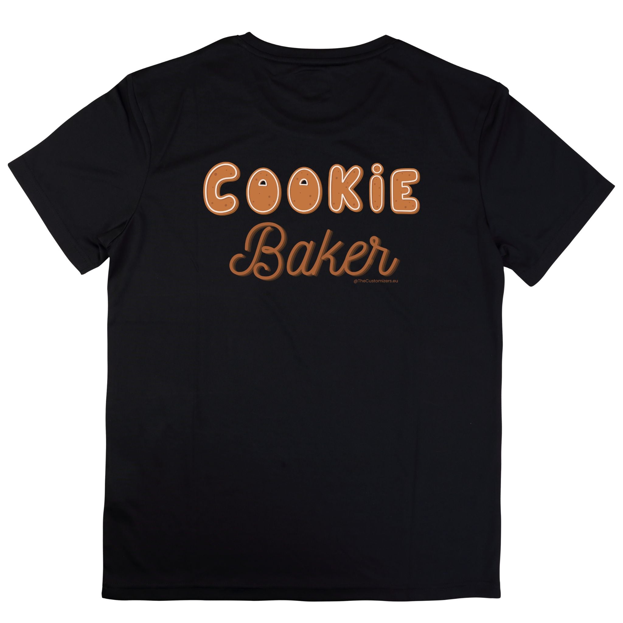 Black T-shirt with the words “Cookie Baker” printed in a gingerbread-style font on the back.