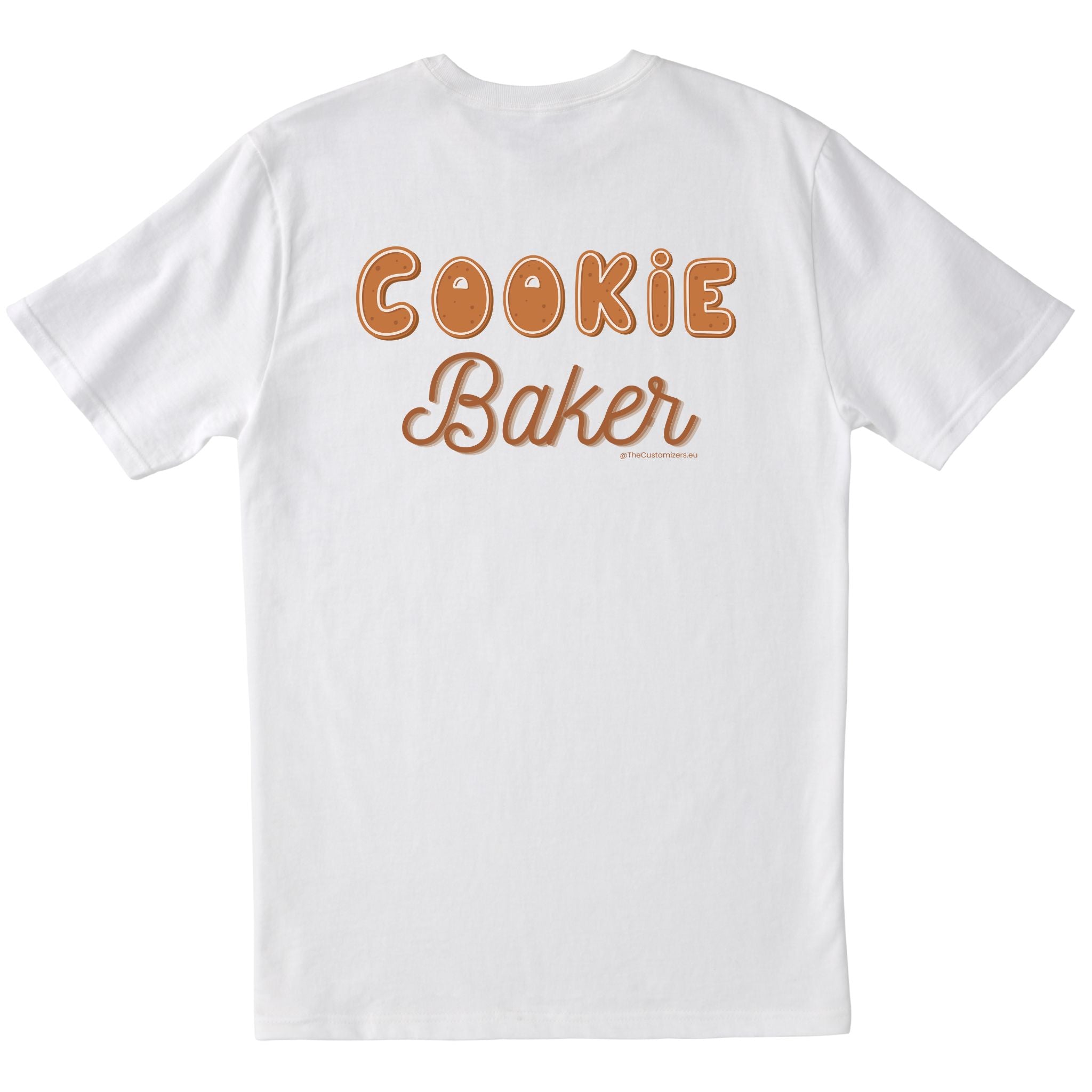 White T-shirt with the words “Cookie Baker” printed in a gingerbread-style font on the back.
