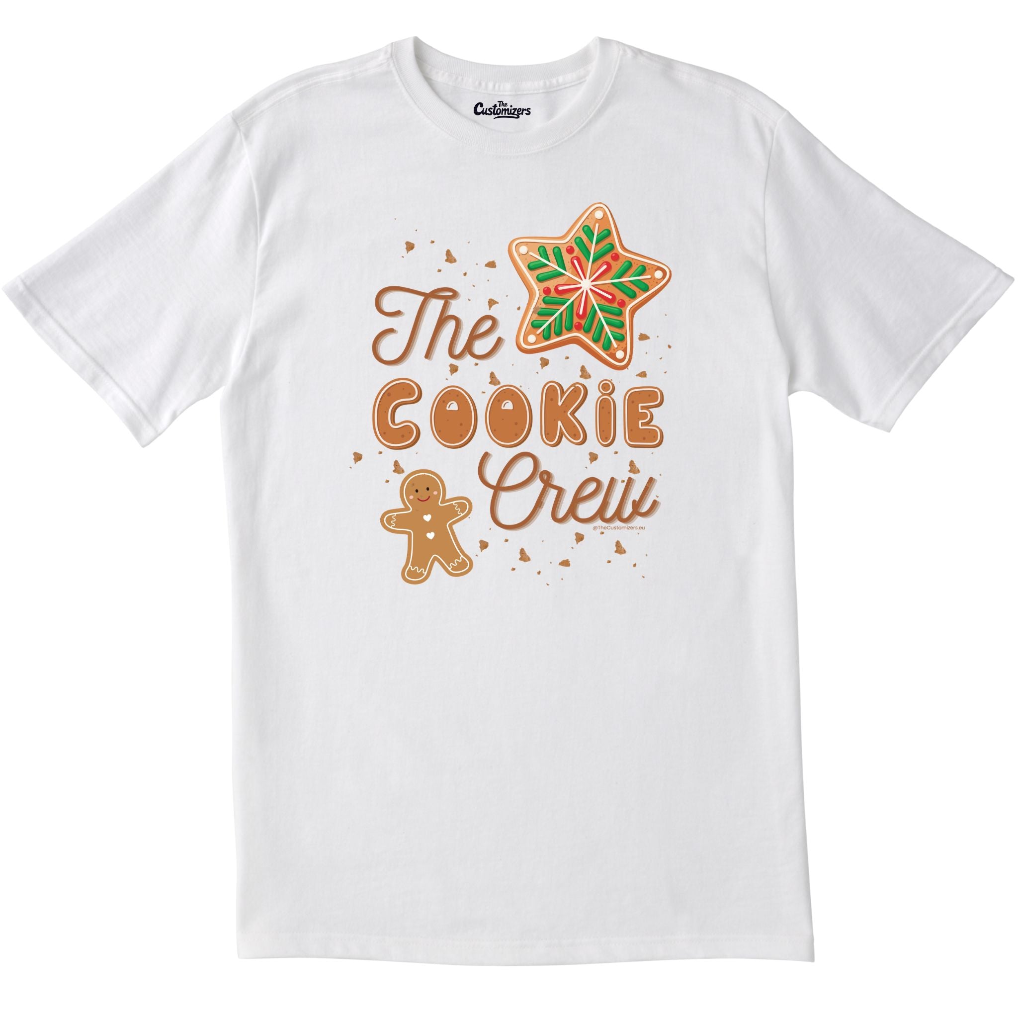 White T-shirt with a festive design featuring the phrase “The Cookie Crew” in gingerbread-style lettering, decorated with a gingerbread man and a star-shaped cookie with green and red icing.