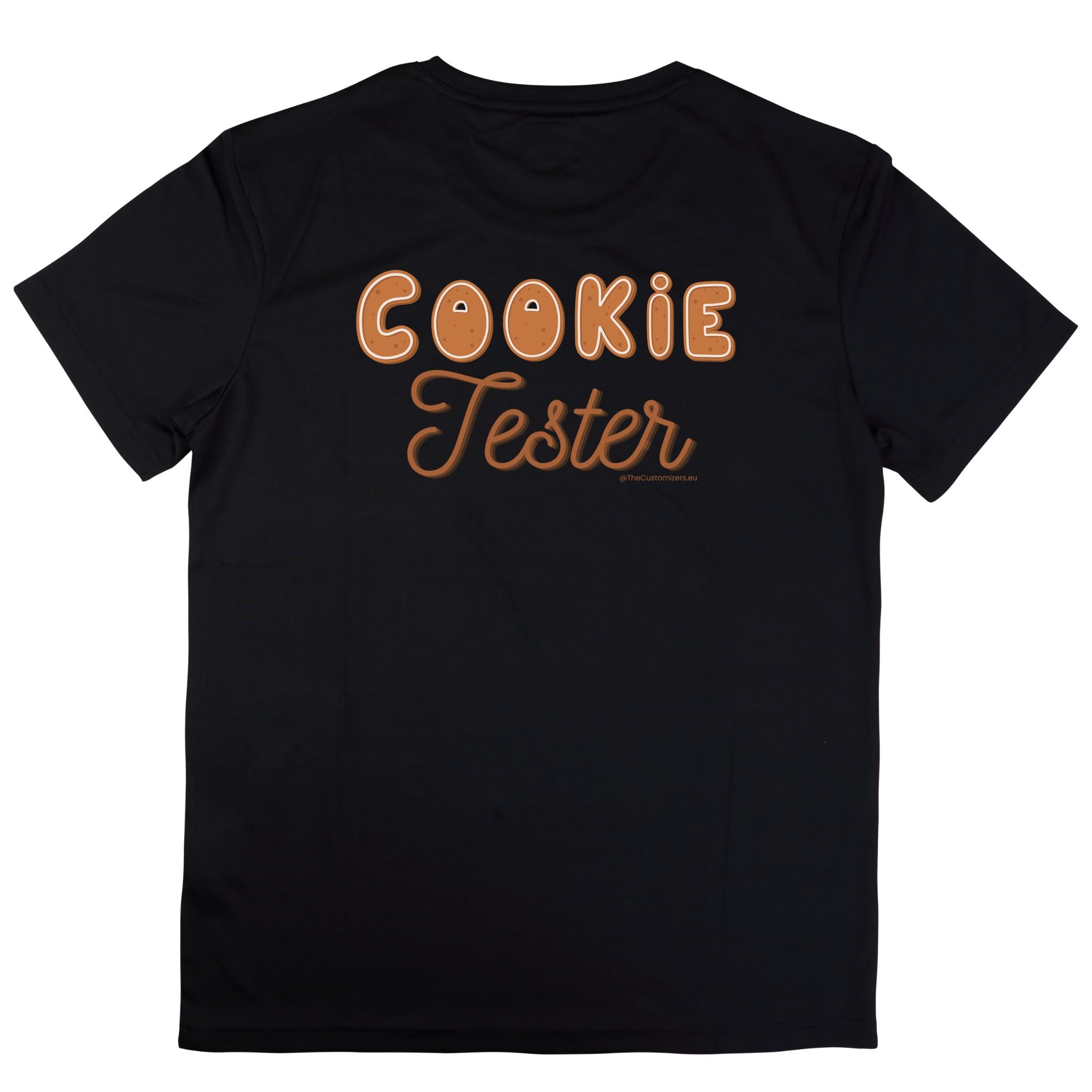 Black T-shirt with large back print text “Cookie Tester” in gingerbread-inspired lettering.