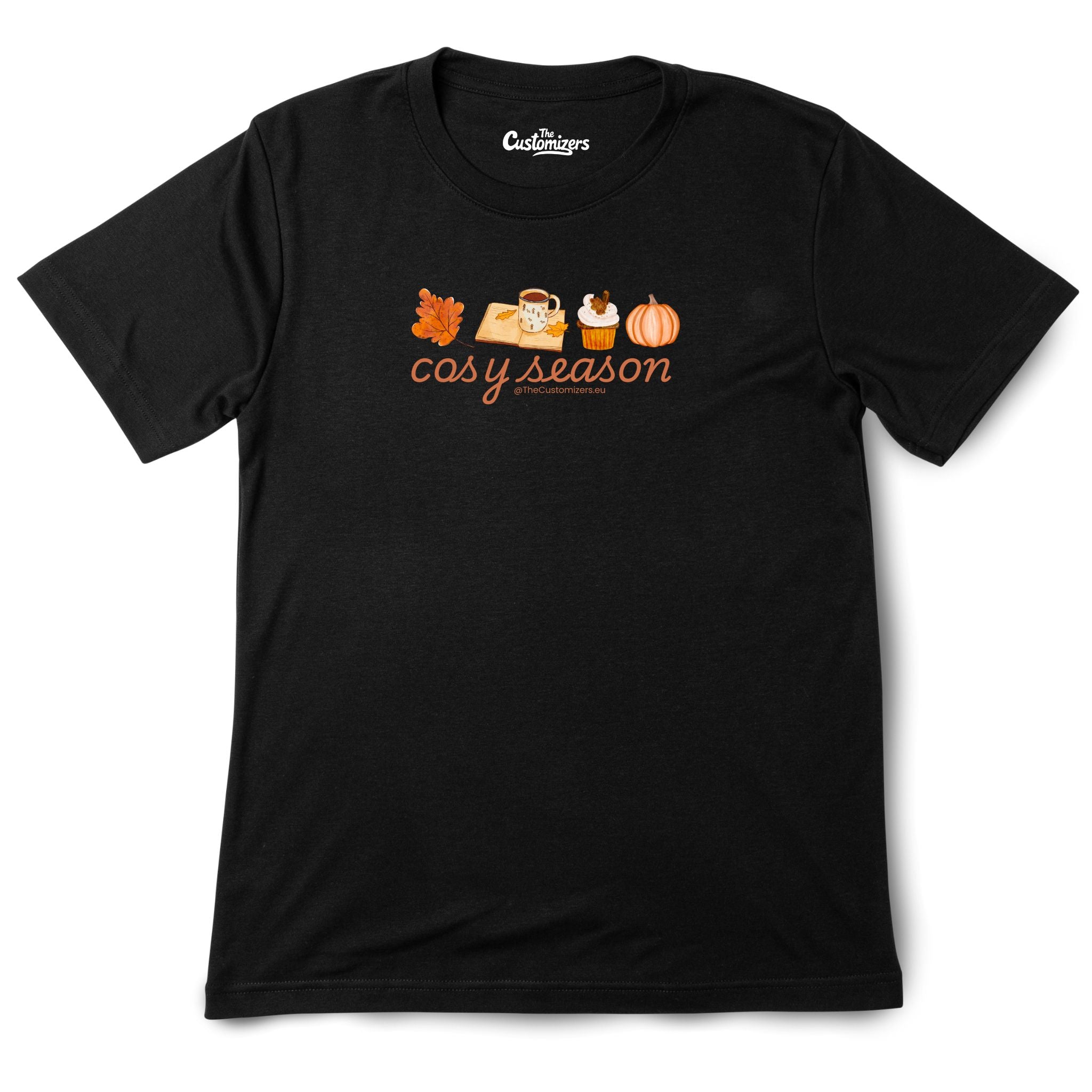 Black unisex T-shirt with autumn-themed cosy season design featuring leaf, coffee mug, cupcake, and pumpkin – by The Customizers.