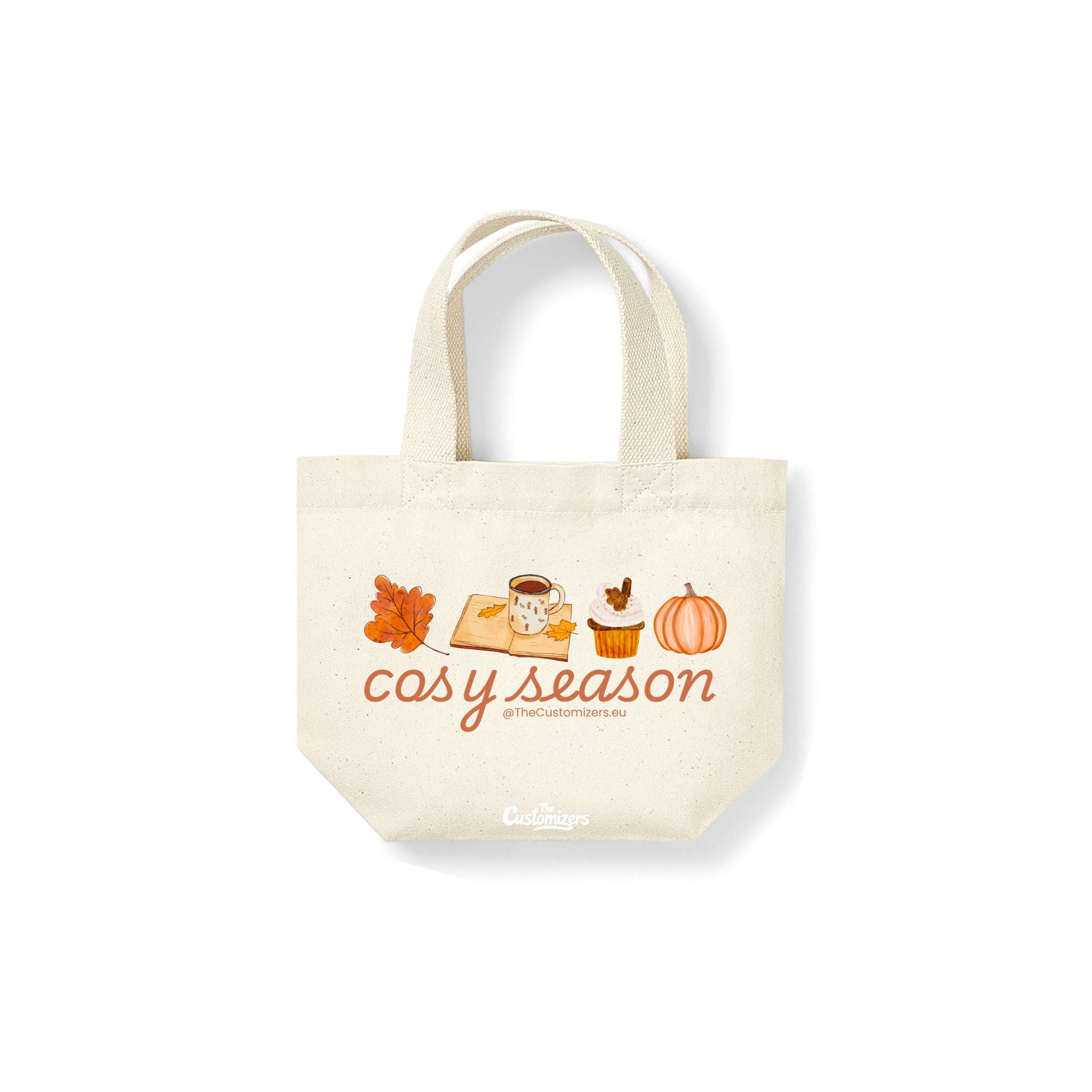 Eco-friendly beige mini tote bag with autumn design featuring leaf, coffee mug, cupcake, and pumpkin, printed with the words 'Cosy Season' – by The Customizers.