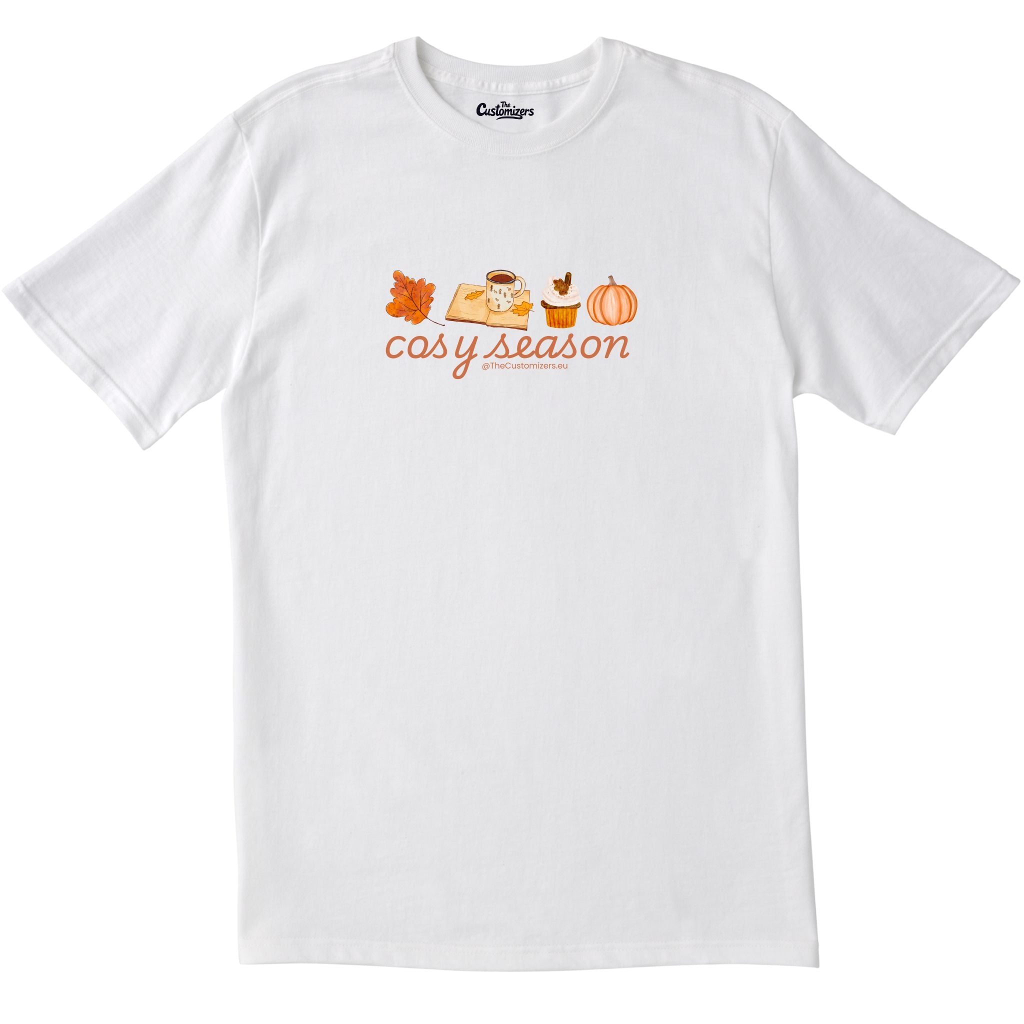 White unisex T-shirt with cosy season autumn design including leaf, coffee mug, cupcake, and pumpkin – perfect fall outfit by The Customizers.