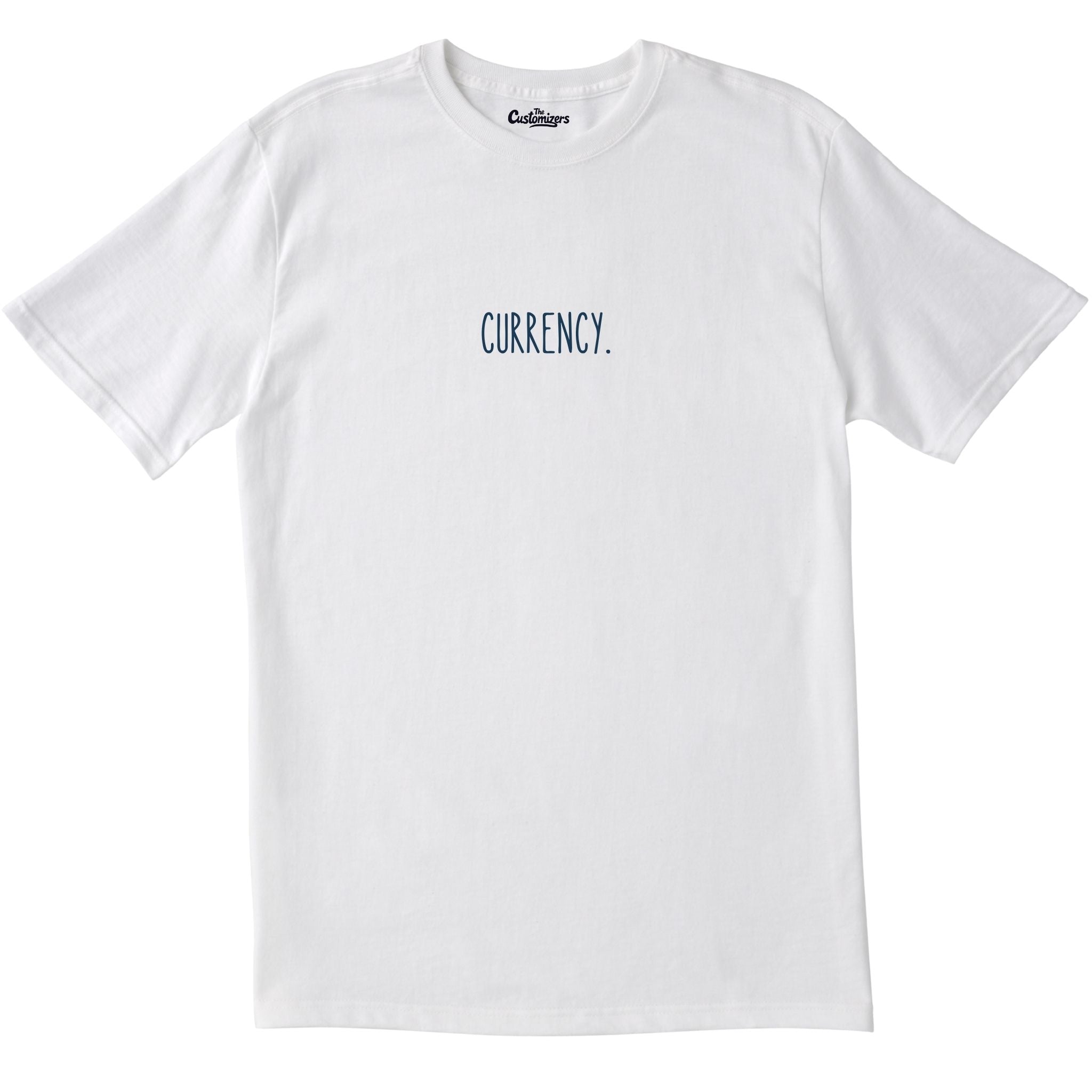 White t-shirt with 'CURRENCY.' text on a white background