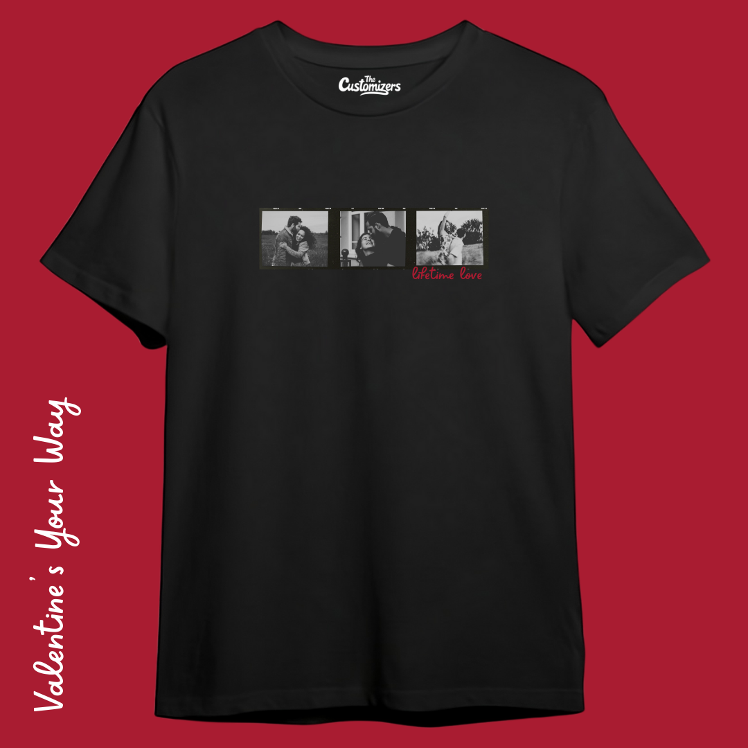 Custom black t-shirt by The Customizers featuring three personalized black and white couple photos in a film strip design with red "lifetime love" text.