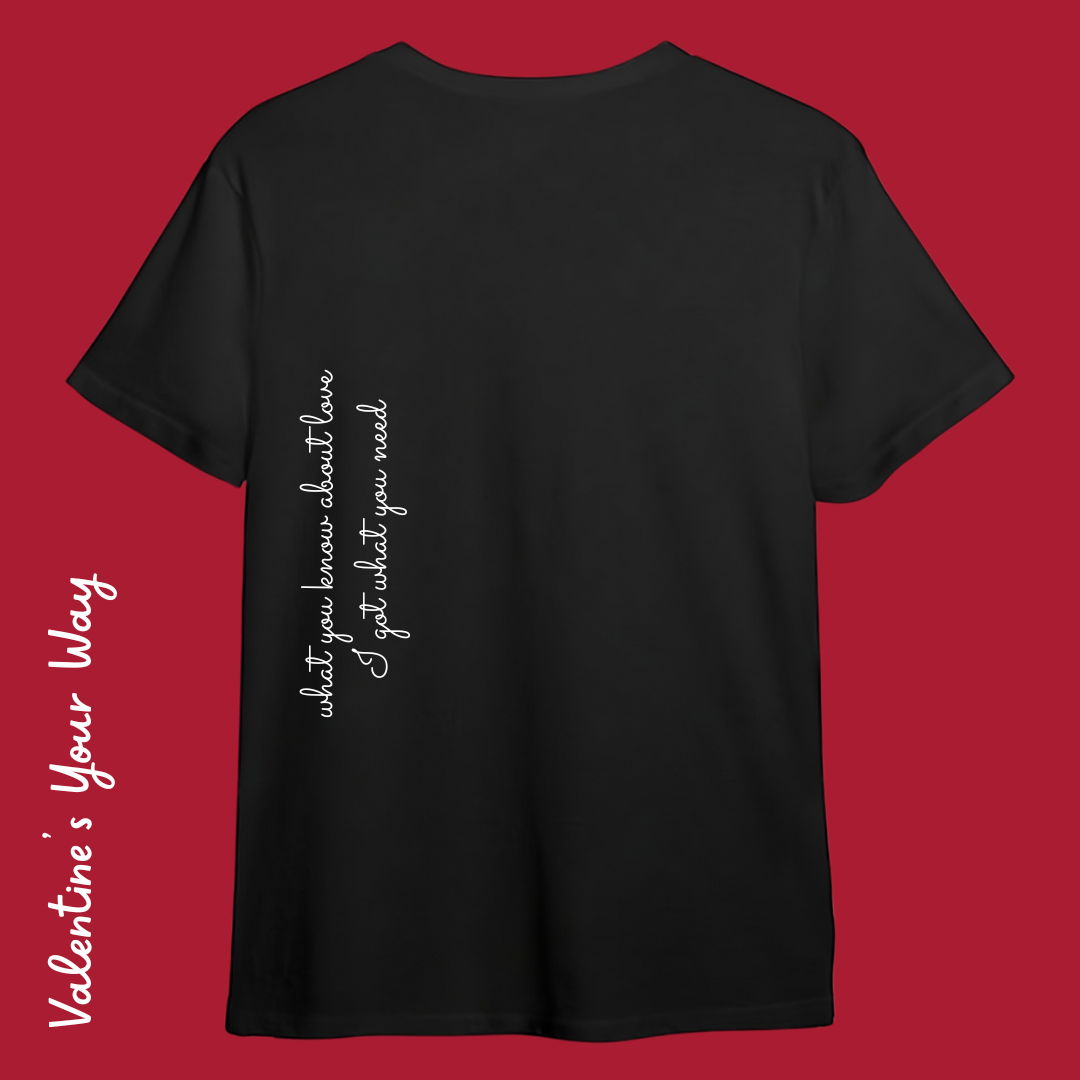 Back View (Black): The back of a black t-shirt featuring vertical white script with custom lyrics or text on the side.