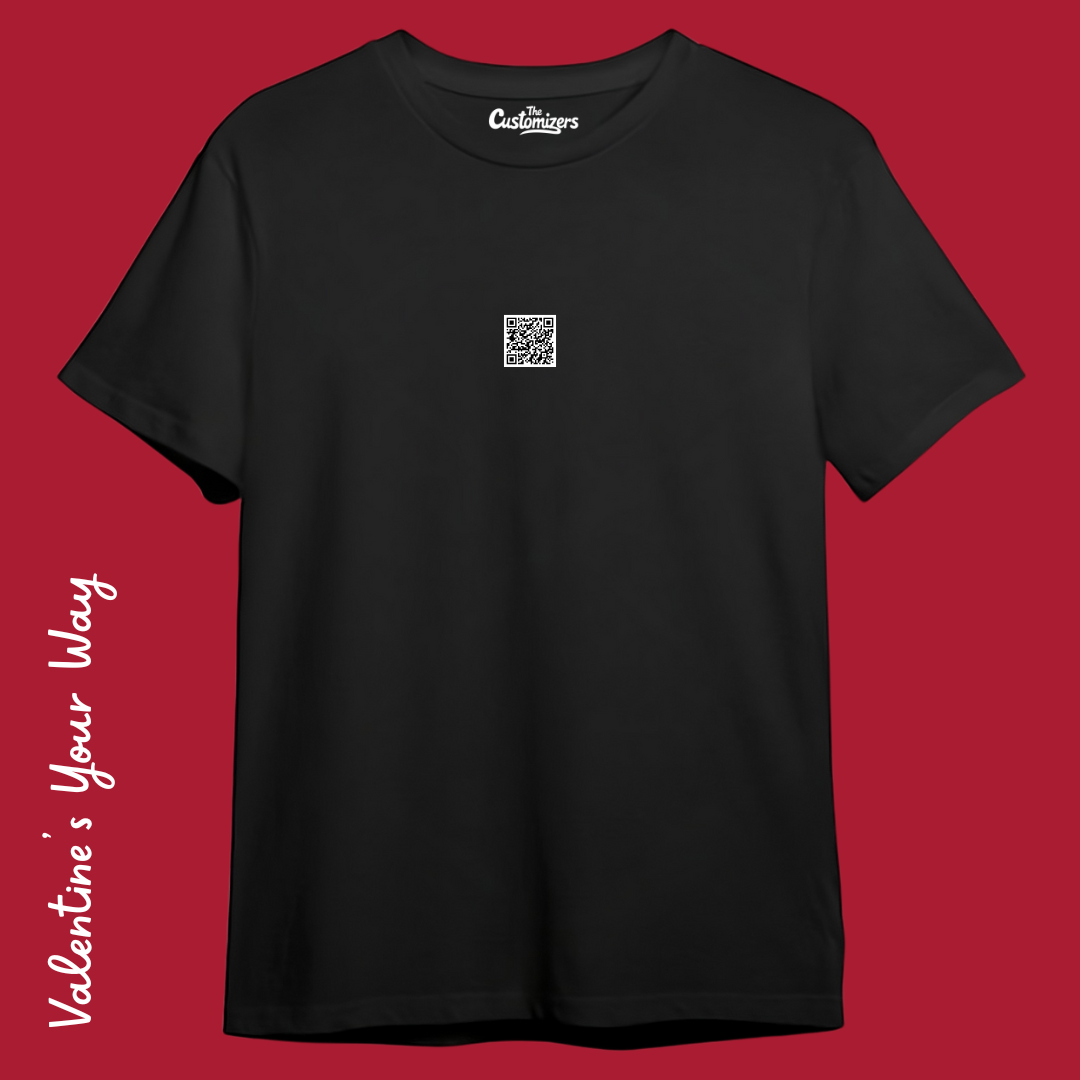 Front View (Black): A custom black t-shirt by The Customizers with a scannable white-and-black QR code centered on the chest.