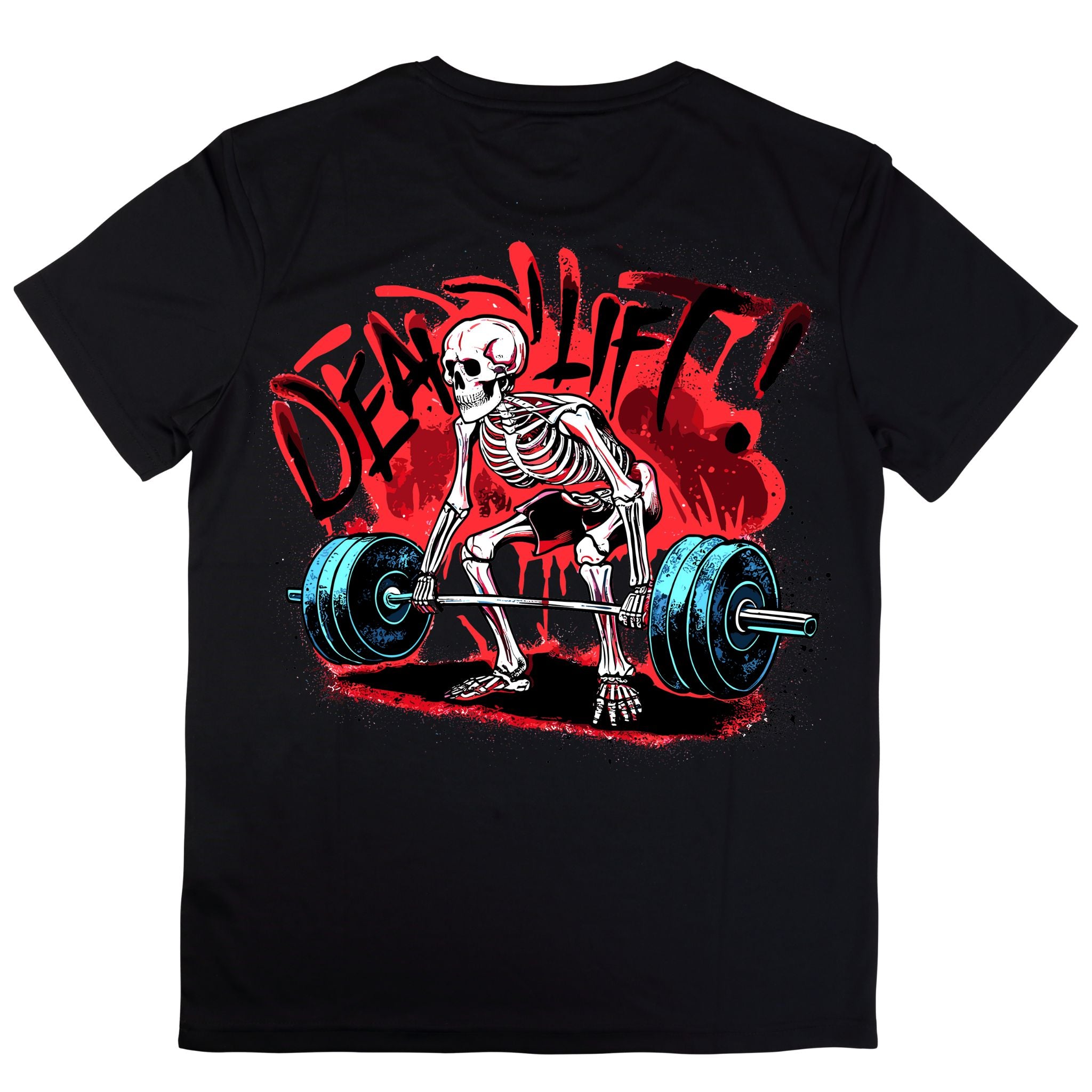 Back view of a black short-sleeve t-shirt with a large graphic. The graphic shows a cartoon skeleton performing a deadlift on a barbell with blue plates, set against a distressed red background and the word "DEADLIFT!" in a red, brushstroke font.