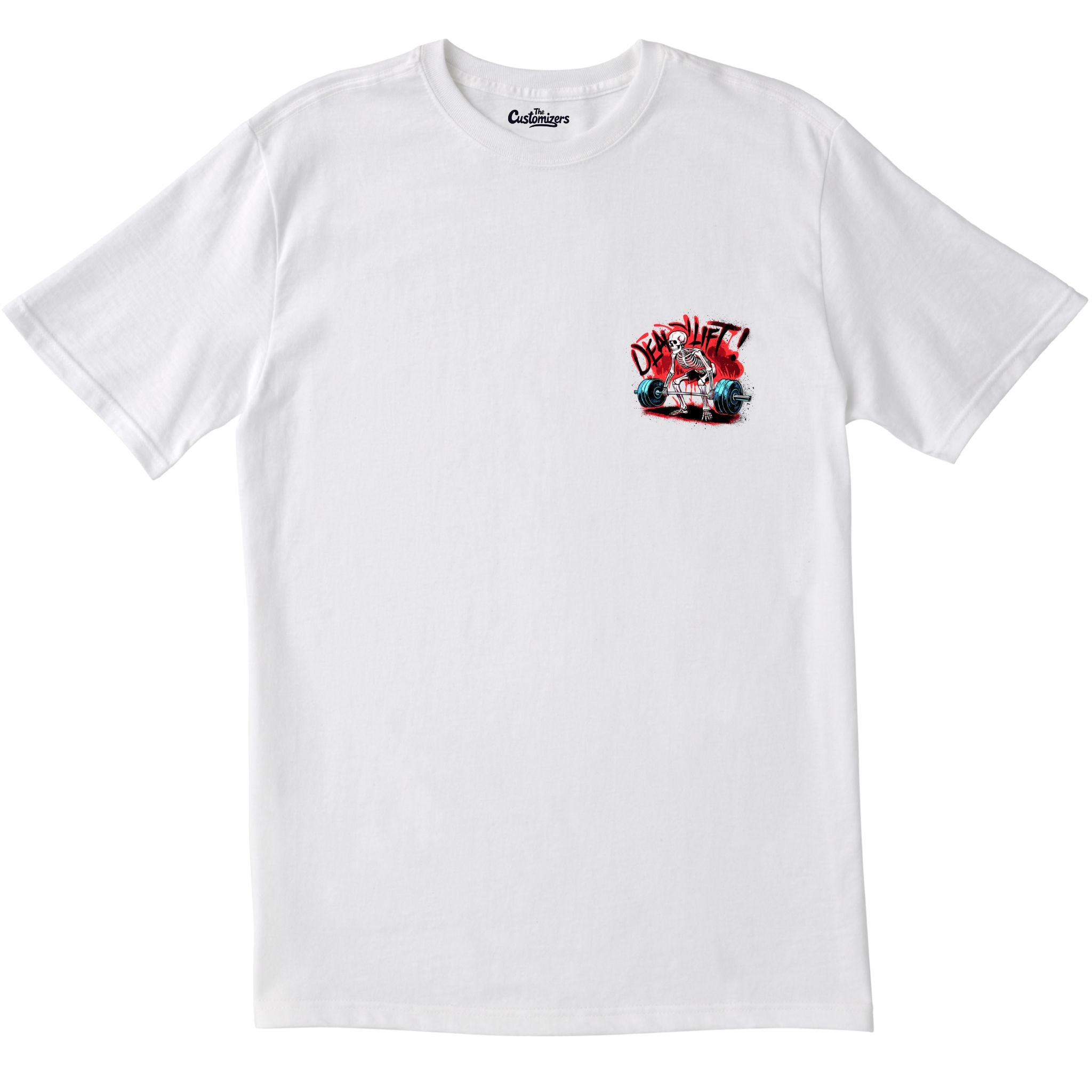 White short-sleeve t-shirt with a small logo on the left chest. The logo shows a skeleton deadlifting a barbell, with the word "DEADLIFT!" in red brushstroke text. The "Customizers" brand logo is near the collar.