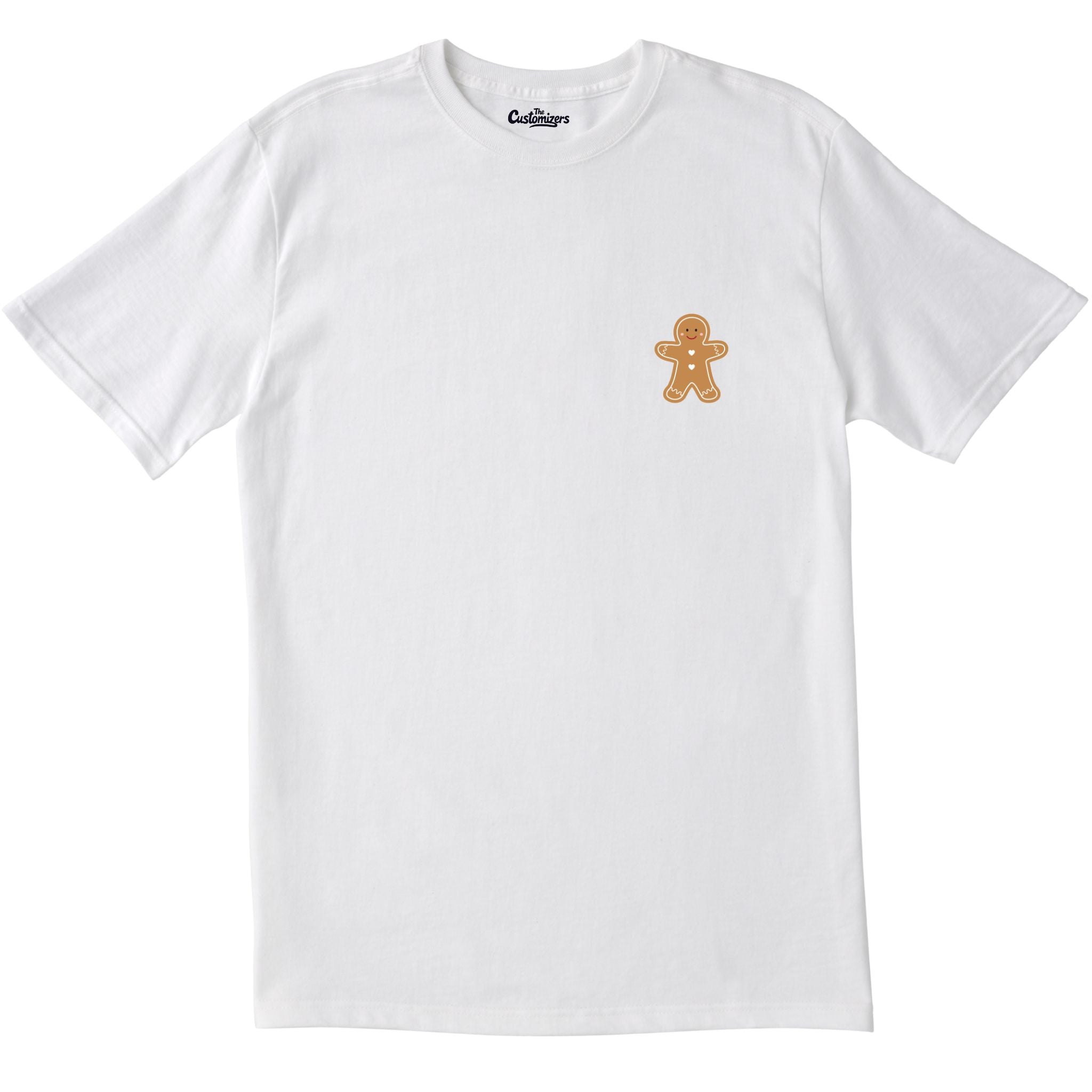 White T-shirt with a small gingerbread man printed on the left chest.