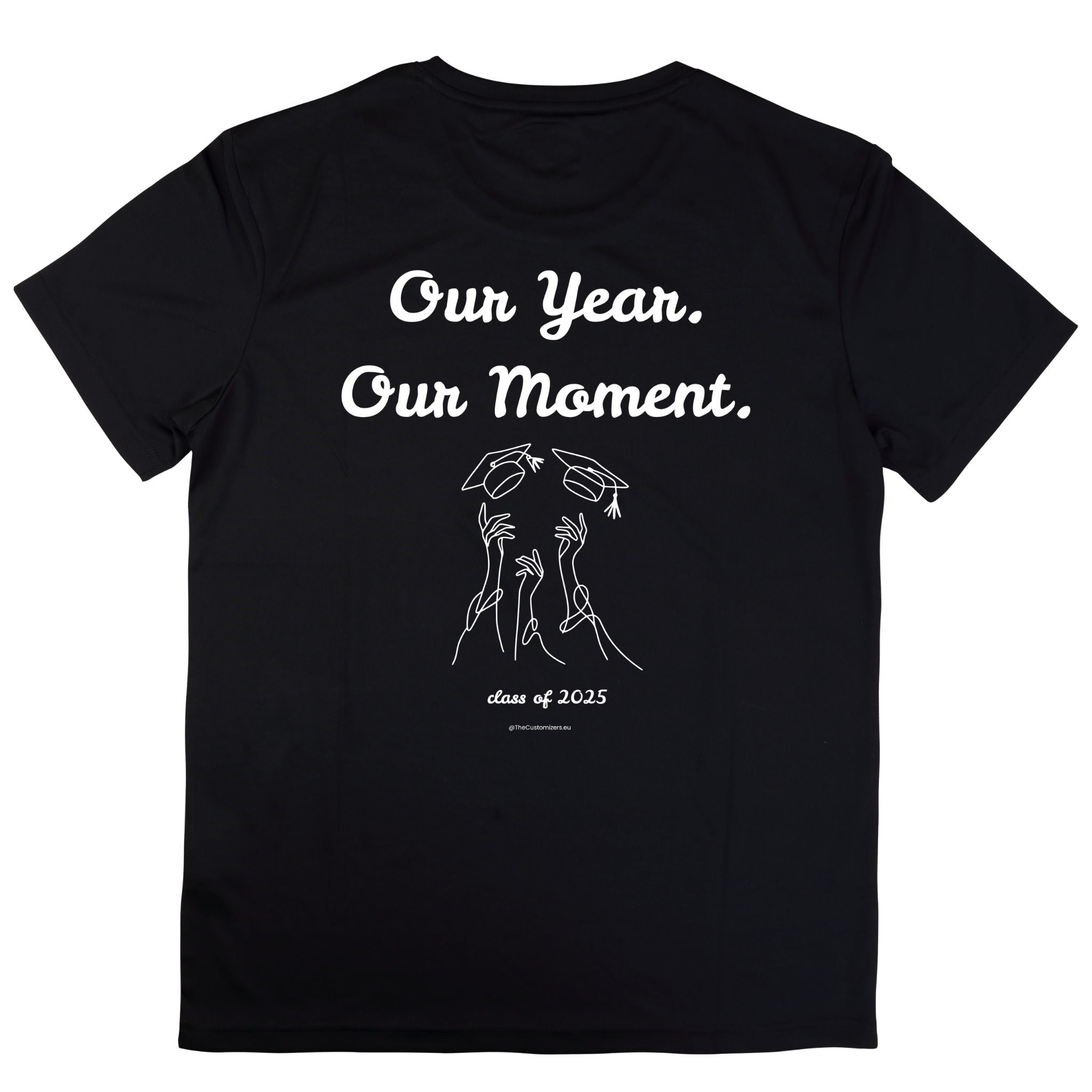 Black unisex graduation T-shirt with blue text 'Our Year. Our Moment.' and illustration of hands tossing graduation caps, with 'Class of 2025' – by The Customizers.