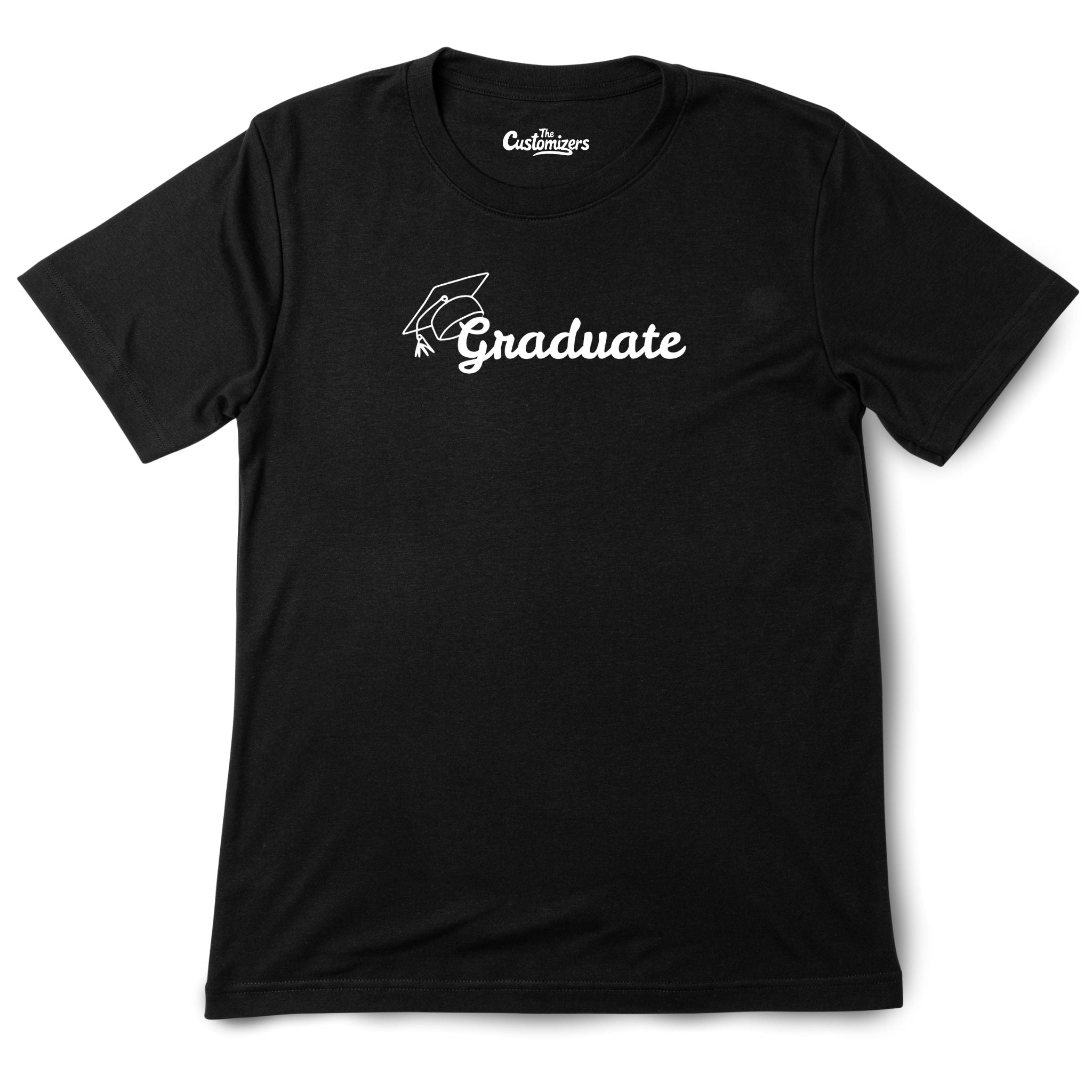 Black unisex T-shirt with minimalist blue design featuring a graduation cap and the word 'Graduate' – perfect graduation gift by The Customizers.