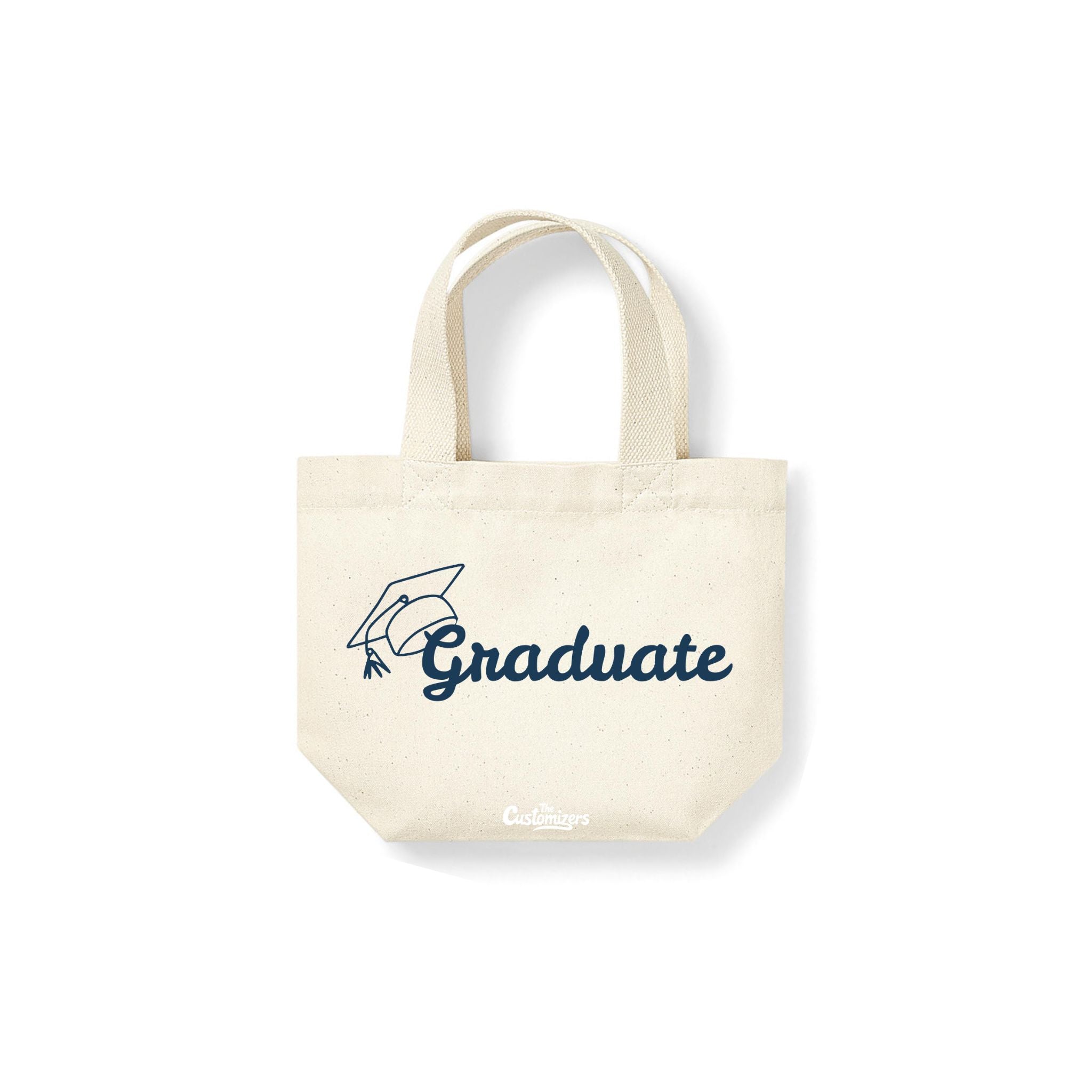 Beige mini tote bag with blue 'Graduate' text and graduation cap illustration – eco-friendly graduation gift bag by The Customizers.