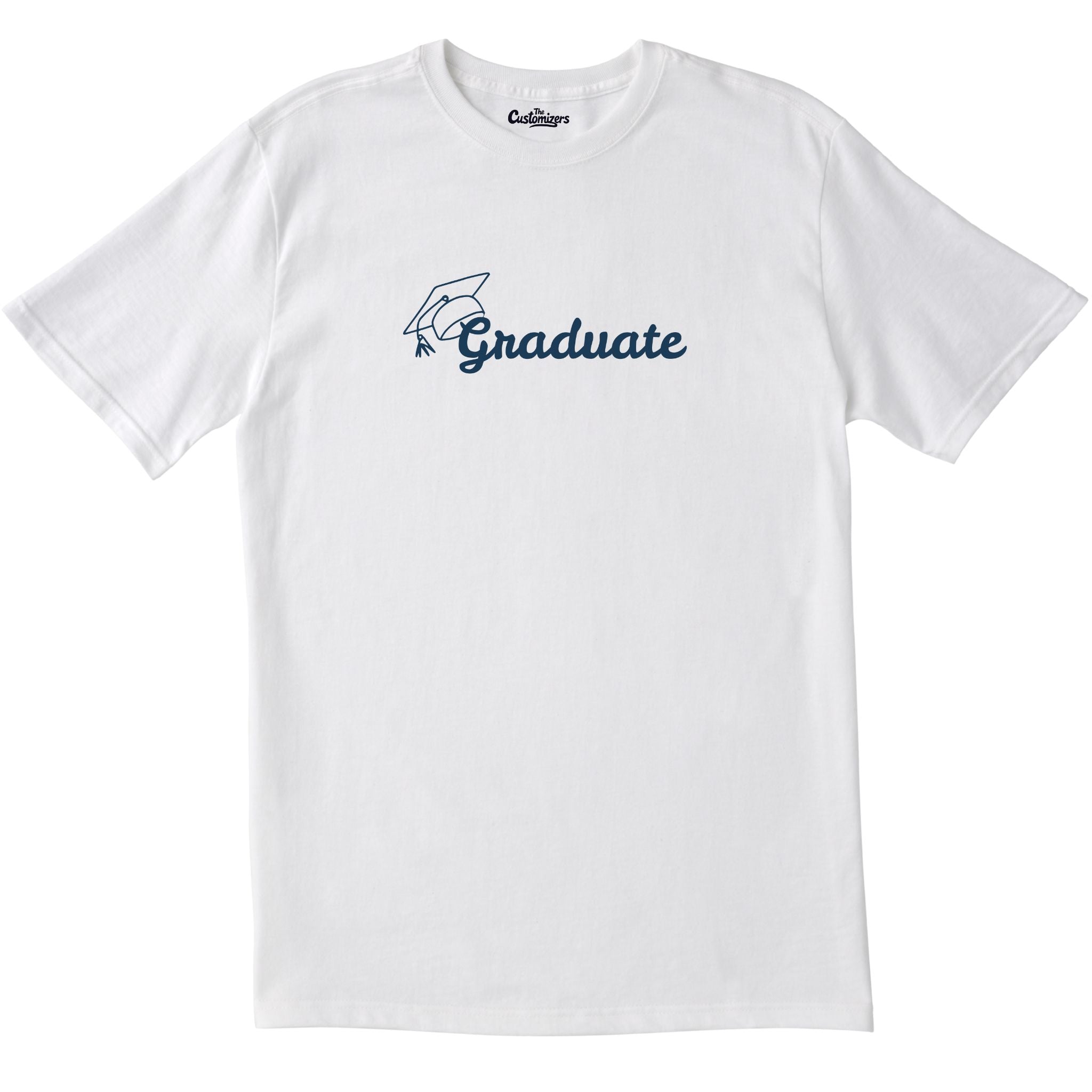 White unisex T-shirt with minimalist blue design featuring a graduation cap and the word 'Graduate' – perfect graduation gift by The Customizers.