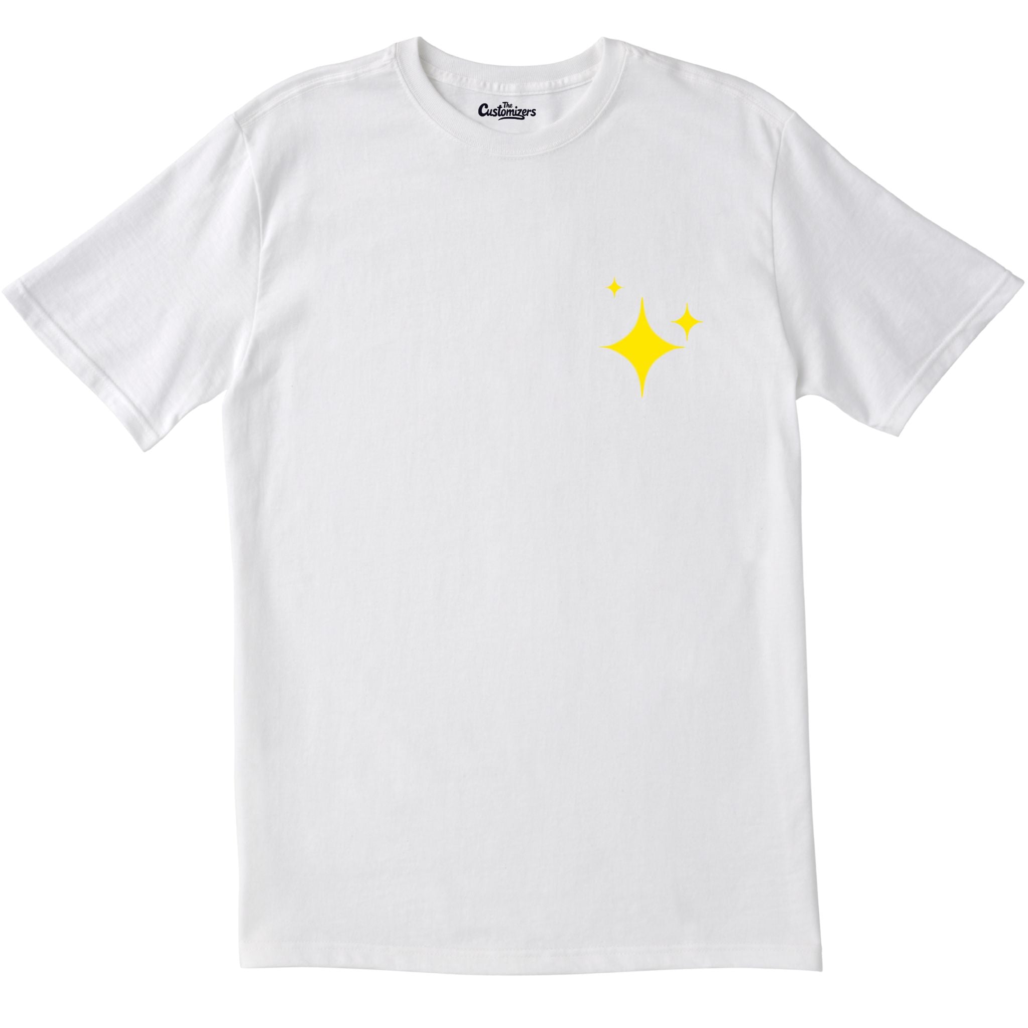White T-shirt with small yellow star sparkle design on the left chest.