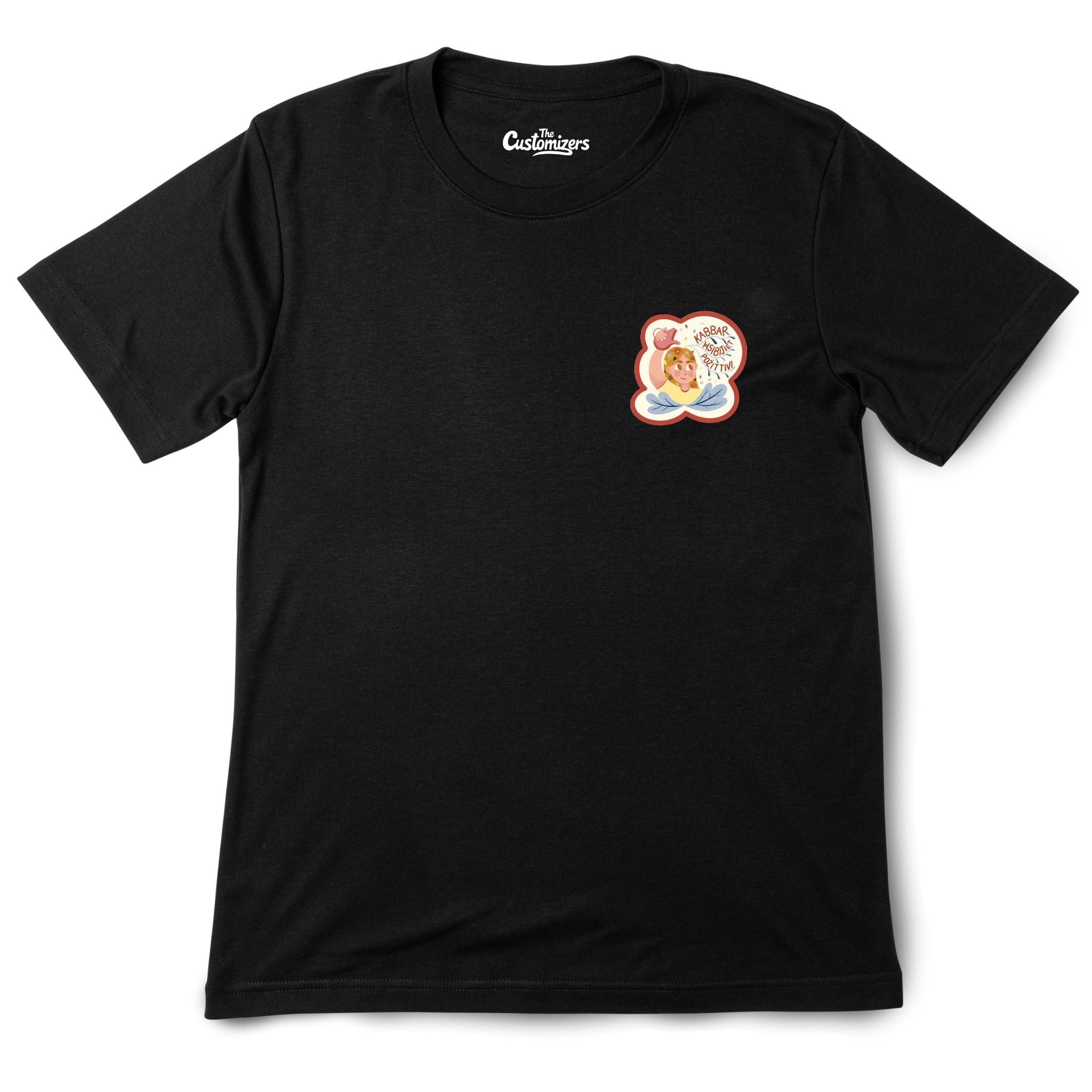 Black T-shirt with a small illustrated design featuring a girl watering flowers with the Maltese phrase “Kabbar Ħsibijiet Pożittivi.”