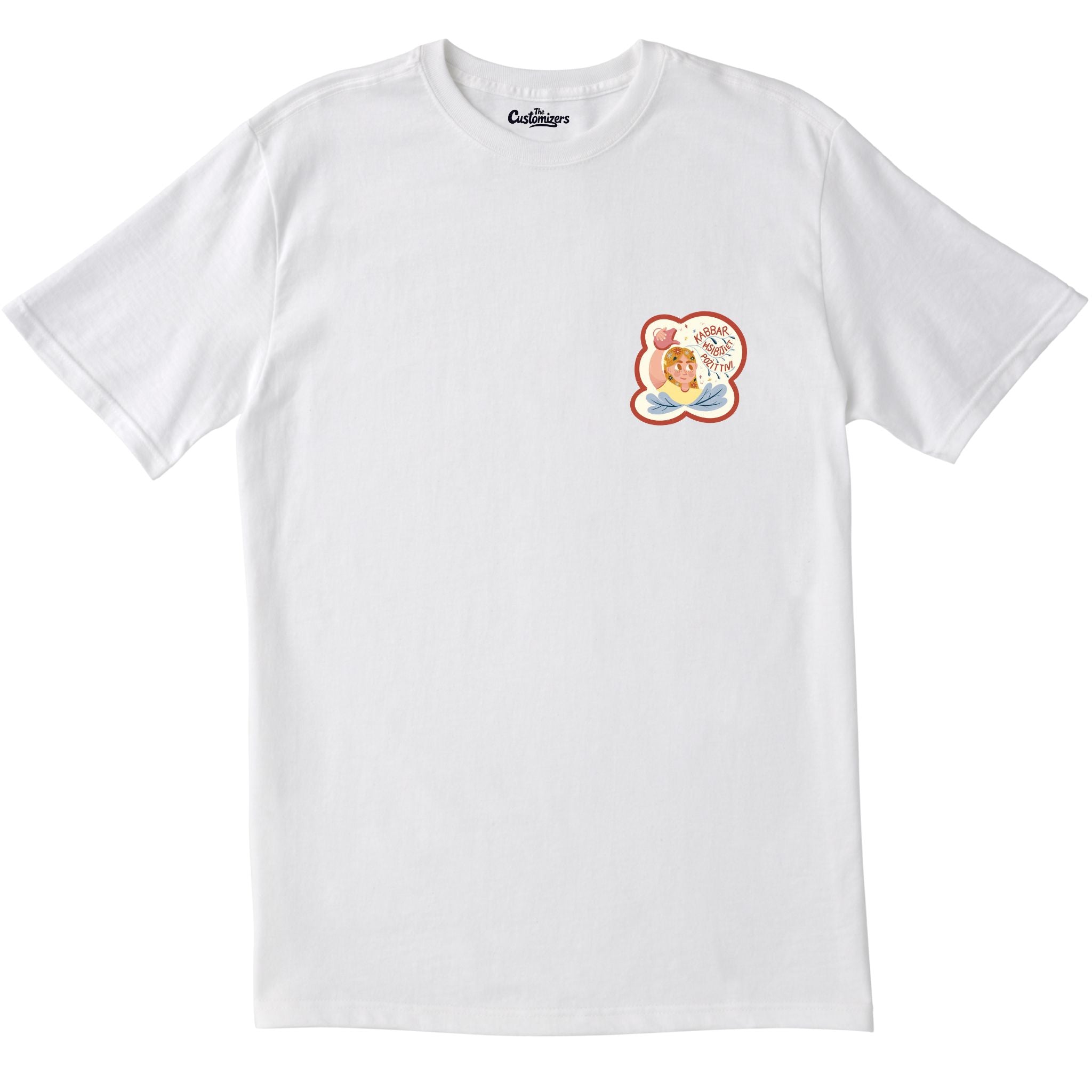 White T-shirt with a small illustrated design featuring a girl watering flowers with the Maltese phrase “Kabbar Ħsibijiet Pożittivi.”