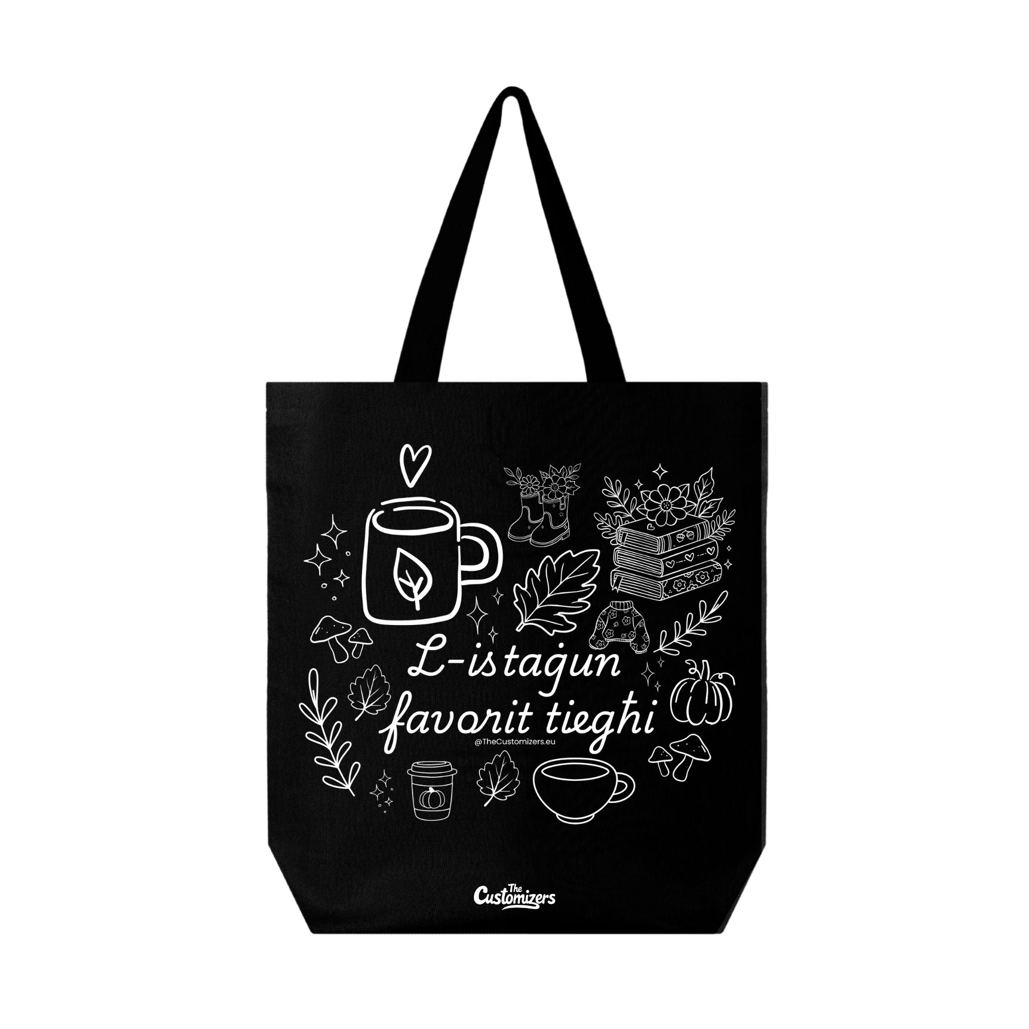 Black tote bag with autumn design and Maltese text L-istaġun favorit tiegħi.