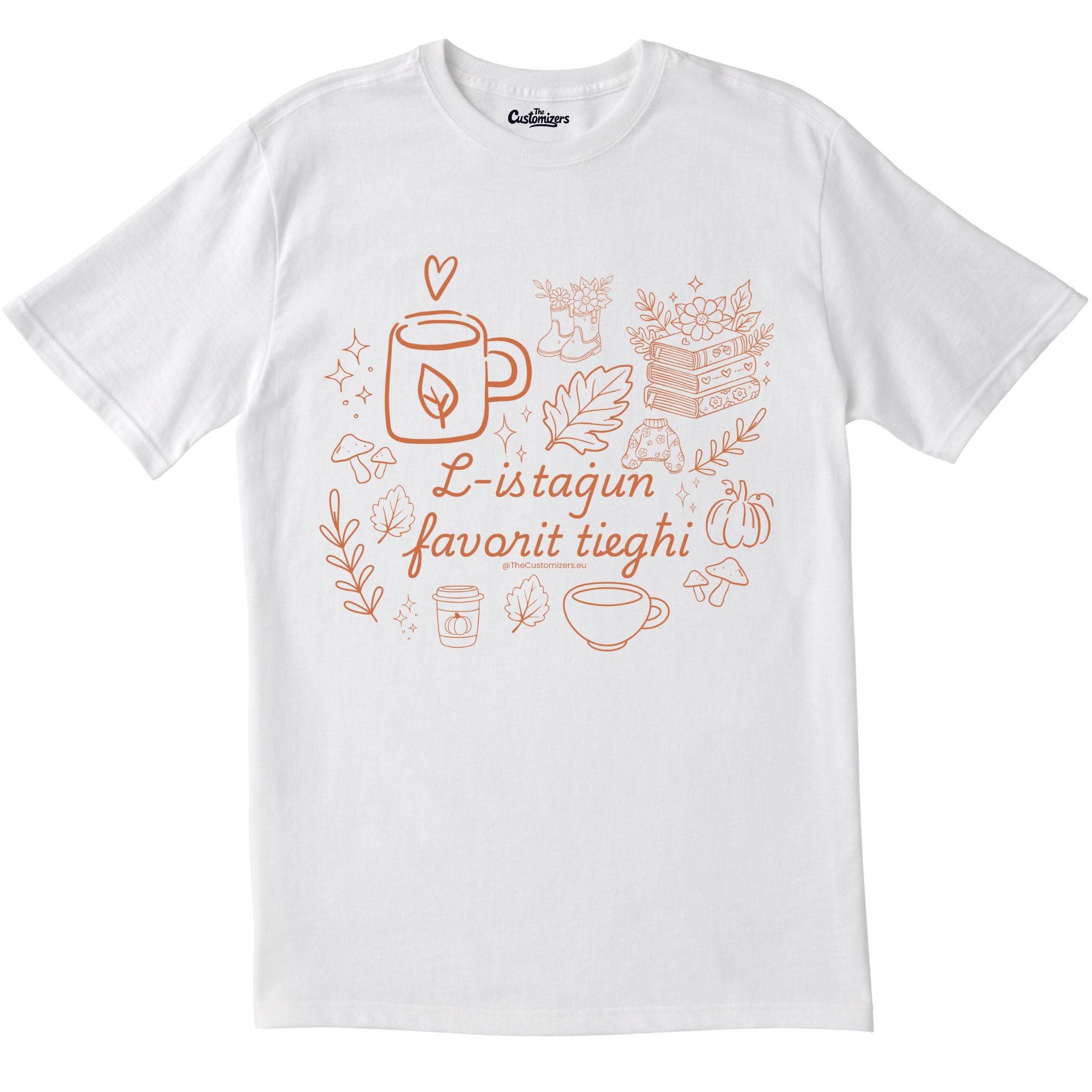 White unisex T-shirt with autumn-themed orange print design featuring coffee mug, leaves, books, flowers, pumpkins, mushrooms, and the Maltese phrase ‘L-istagun favorit tieghi’ meaning ‘My favorite season’ by The Customizers.