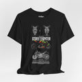 Black T-shirt with green naked sport motorcycle graphic and technical blueprint illustrations