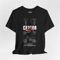 Black T-shirt with red dirt bike graphic, technical drawings and off-road inspired typography