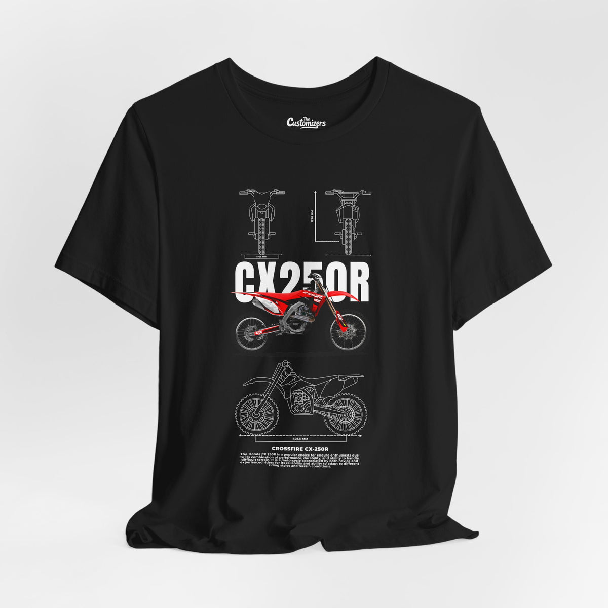 Black T-shirt with red dirt bike graphic, technical drawings and off-road inspired typography
