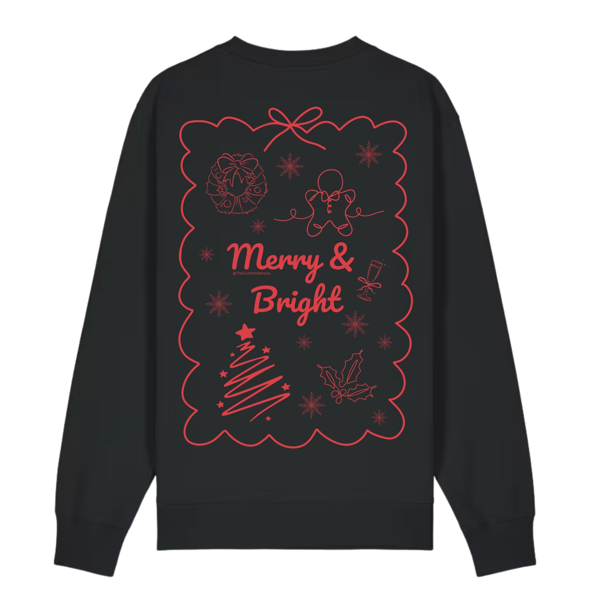 Black sweatshirt with red Christmas-themed graphics and text on a white background