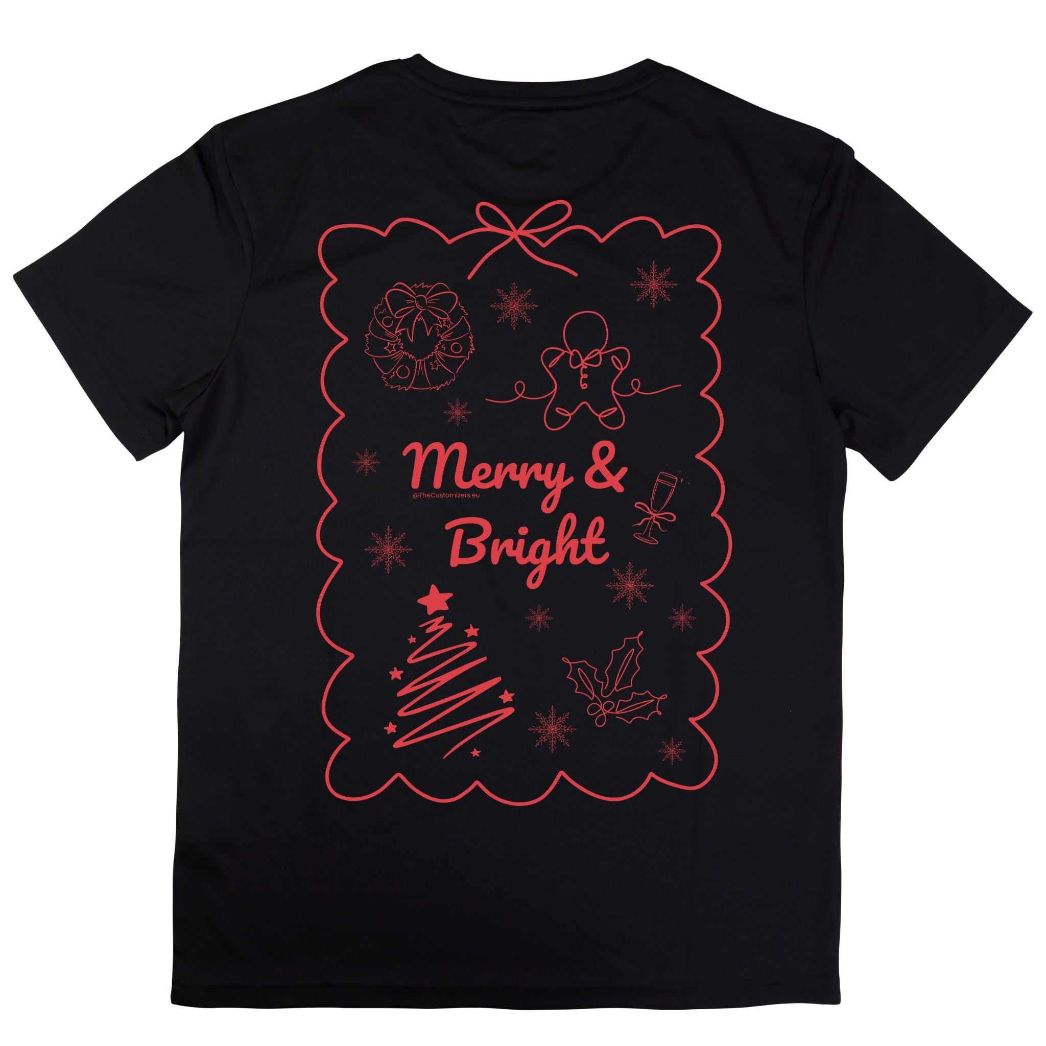 Black T-shirt with a large festive design featuring holiday icons and the phrase “Merry & Bright” in red.