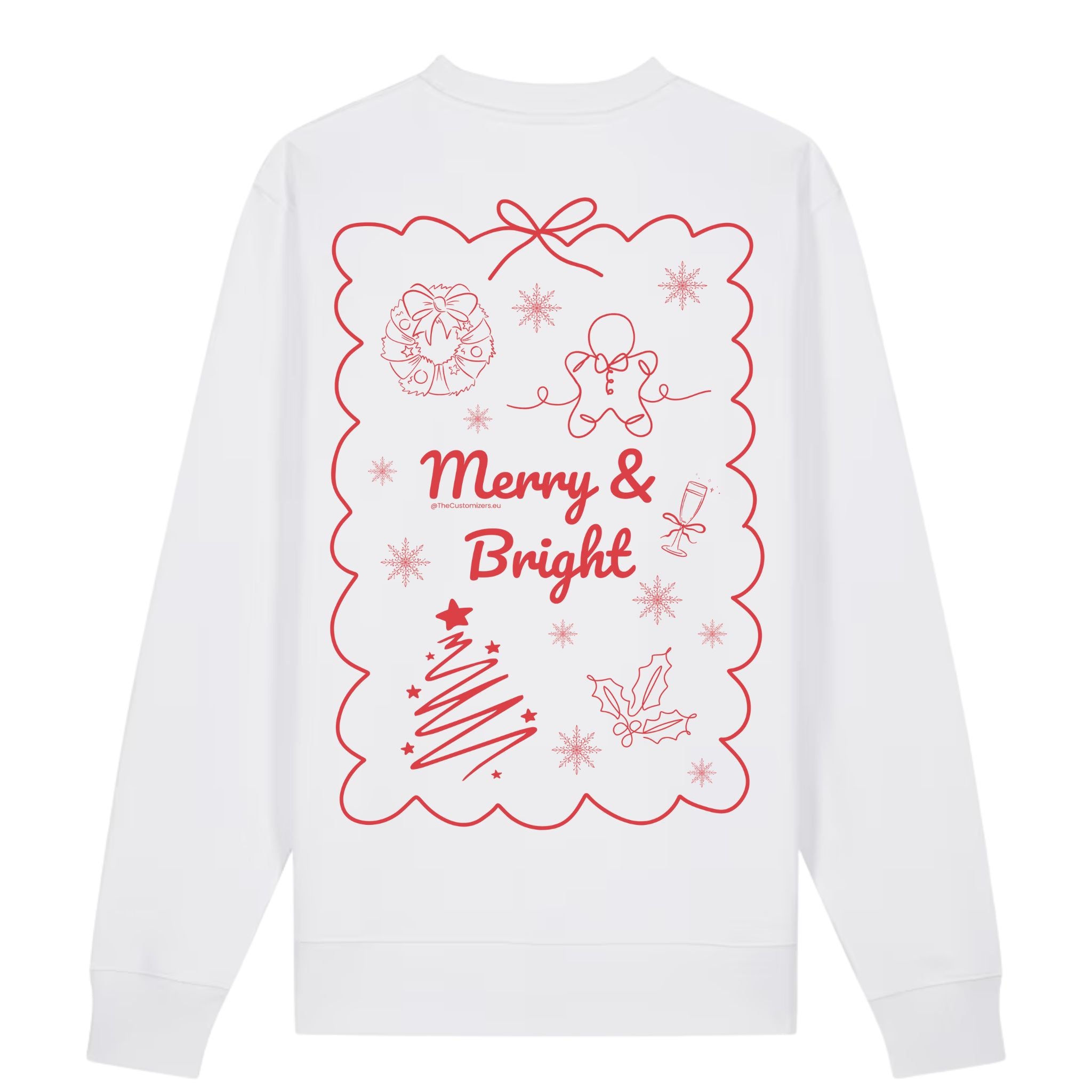 White long-sleeve shirt with red Christmas-themed graphics and text on a white background