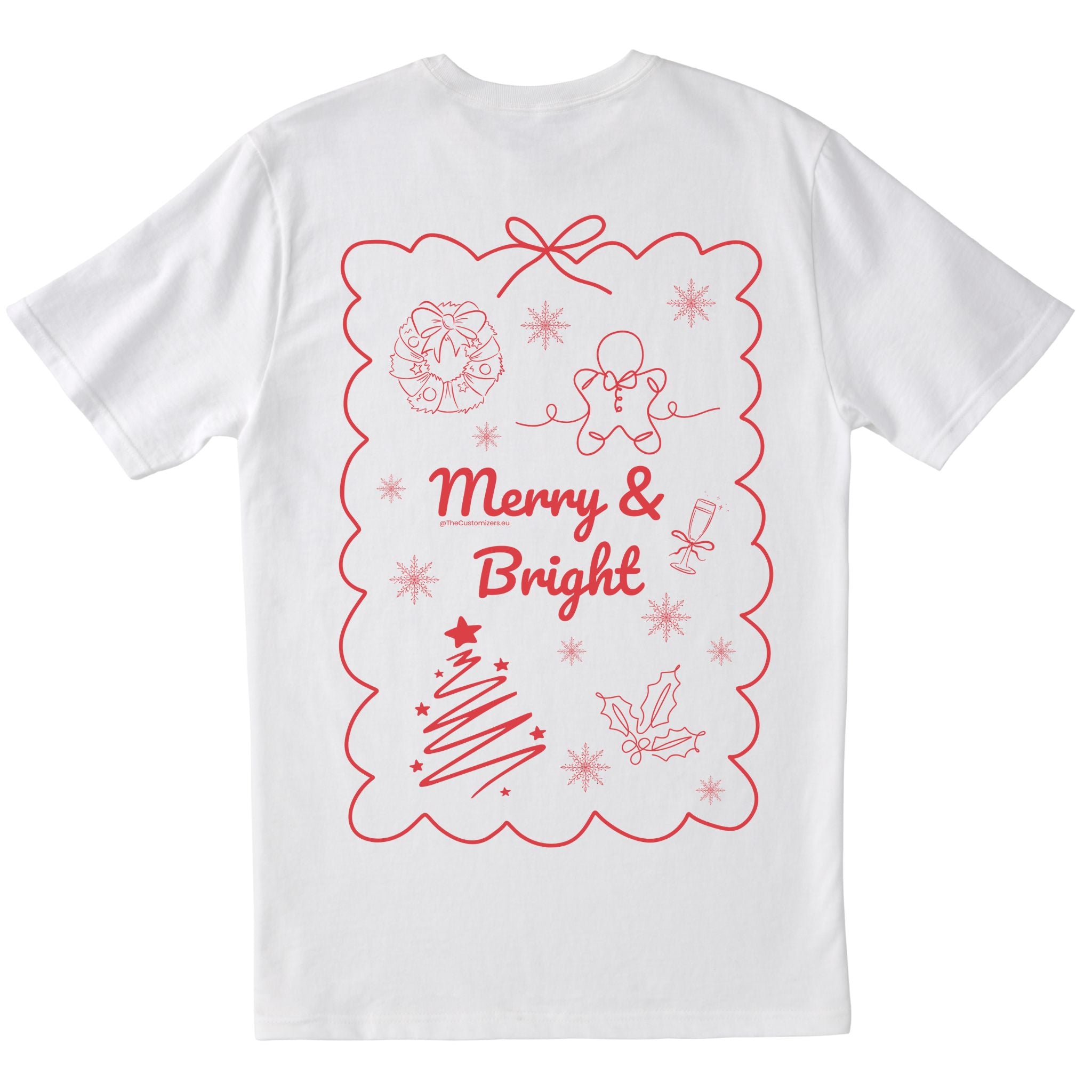 White T-shirt with a large festive design featuring holiday icons and the phrase “Merry & Bright” in red.