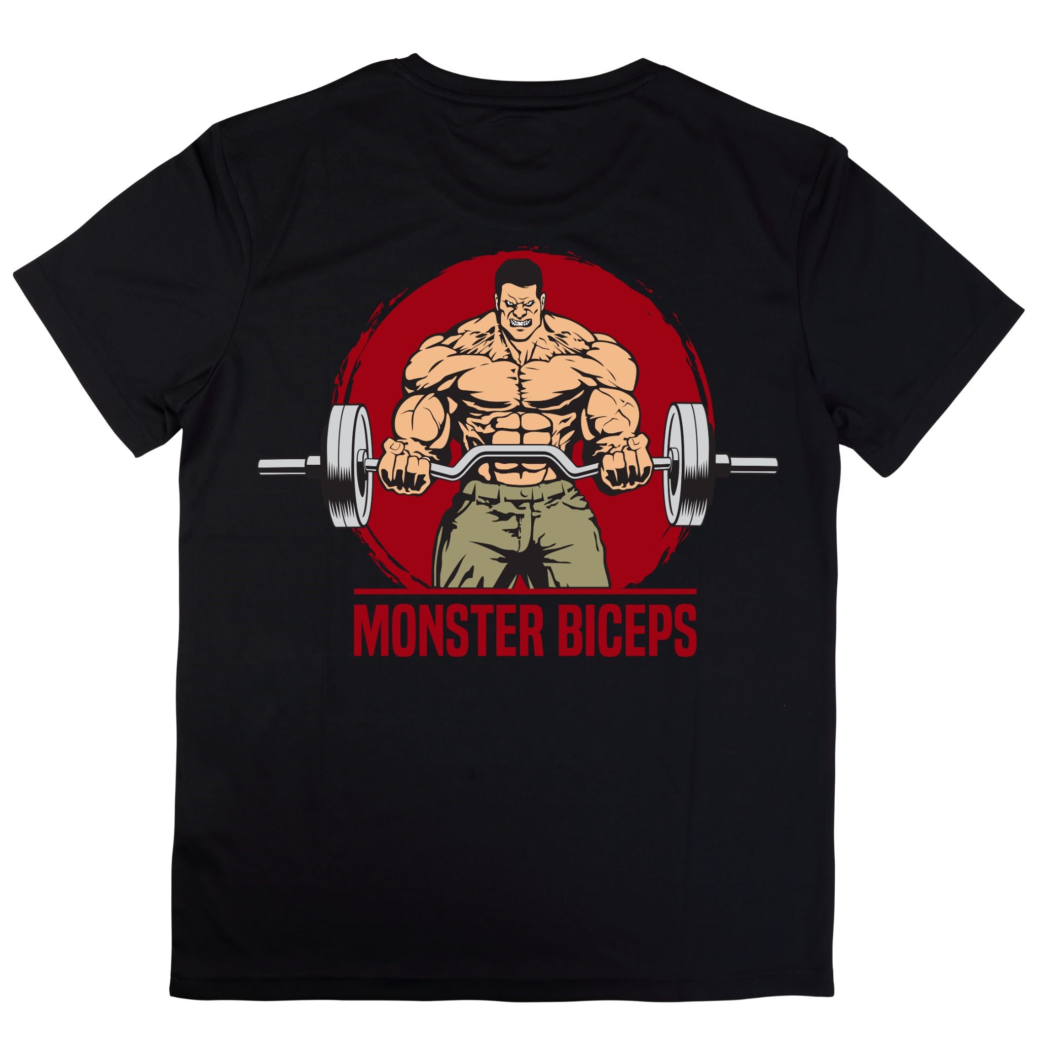 Black t-shirt with a graphic of a muscular figure lifting weights and 'Monster Biceps' text on a white background.