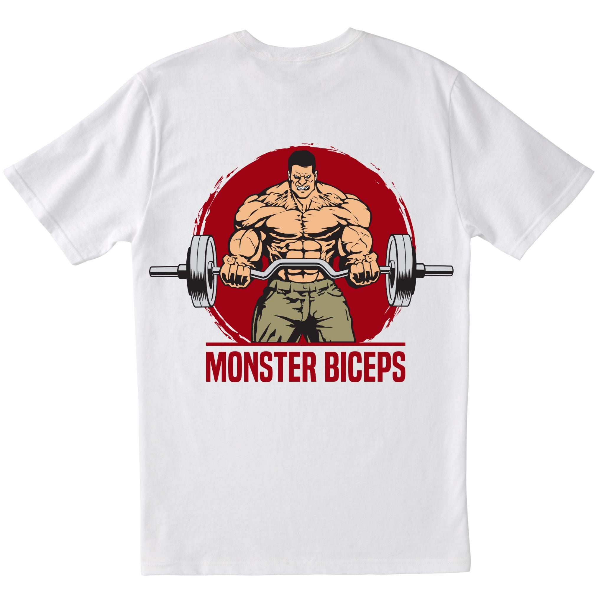 White t-shirt with a graphic of a muscular man lifting weights and 'Monster Biceps' text on a white background