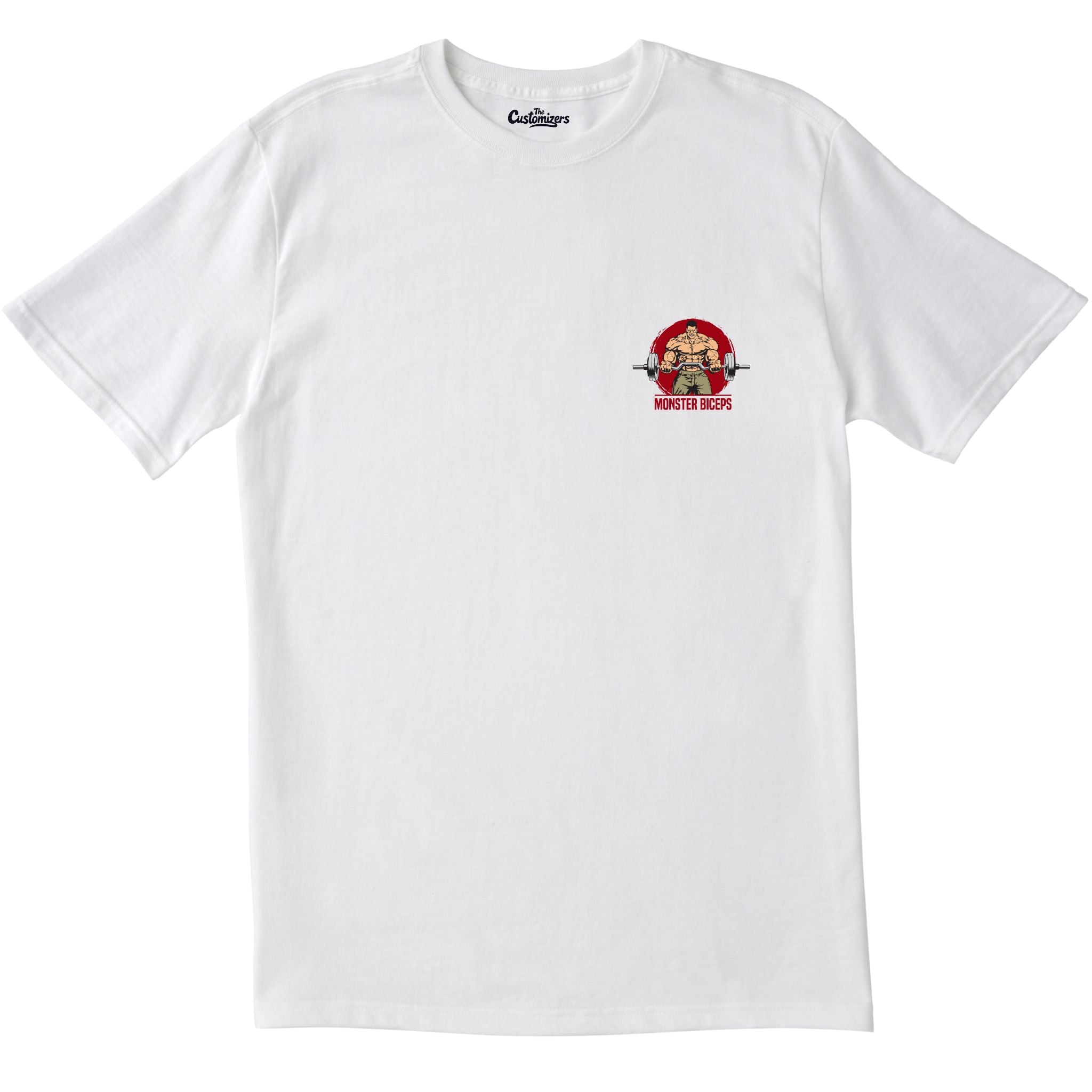 White t-shirt with a graphic design on the chest against a white background