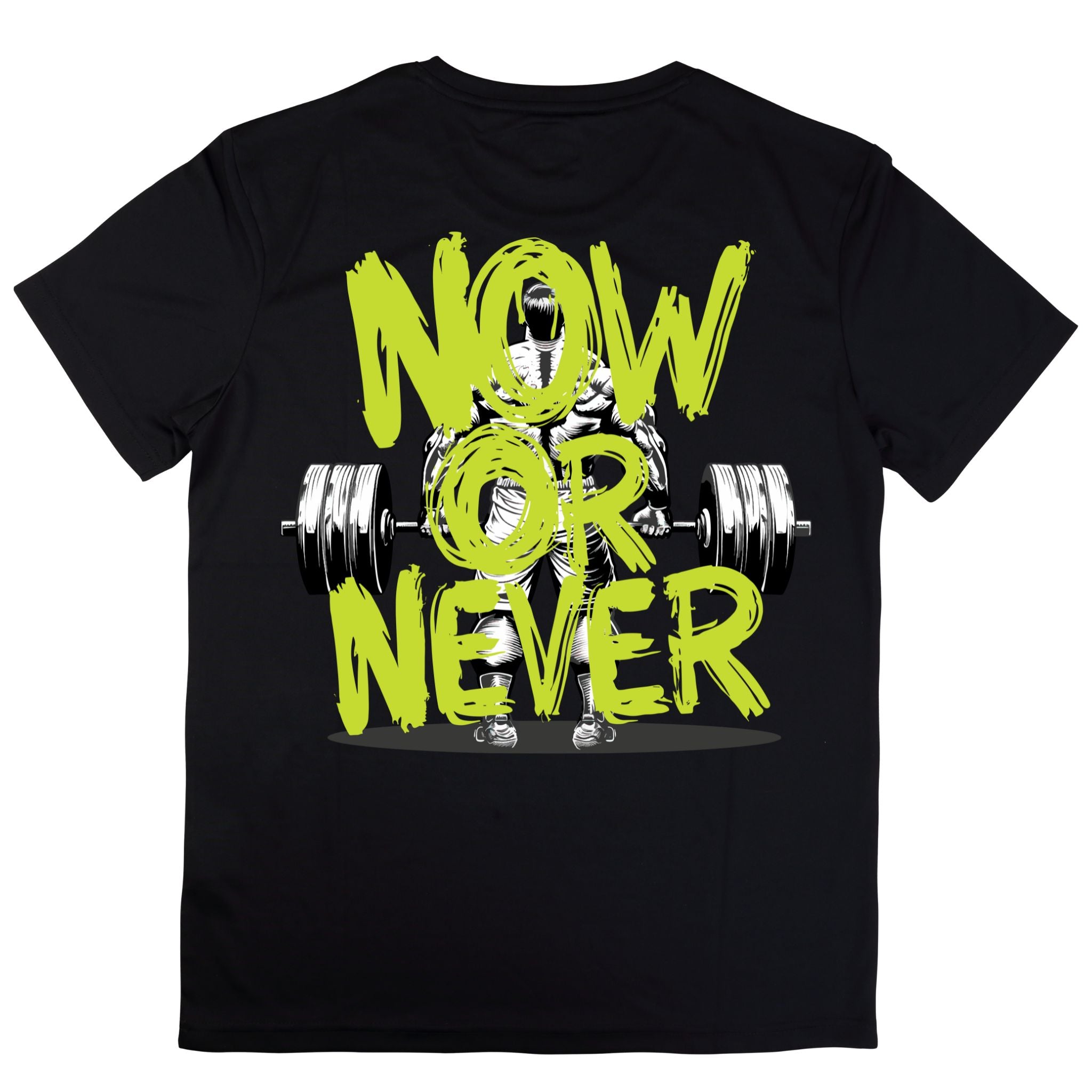Back view of a black short-sleeve t-shirt with a large graphic. The graphic features a muscular athlete standing behind a heavily loaded barbell, with the words "NOW OR NEVER" in bold, neon green, brushstroke-style text overlaying the image.