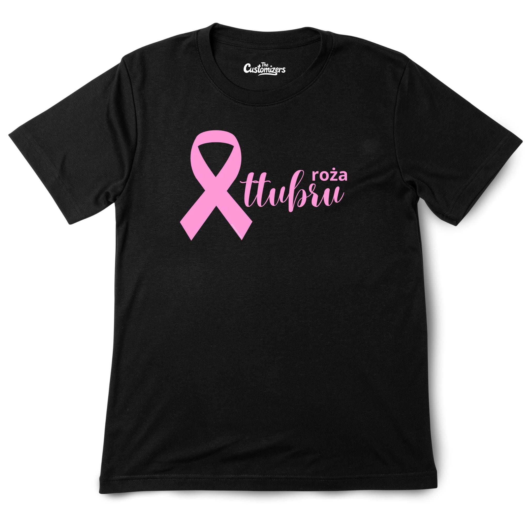 Black unisex T-shirt with pink breast cancer awareness ribbon and Maltese text 'Ottubru Roża' for Pink October campaign – by The Customizers.