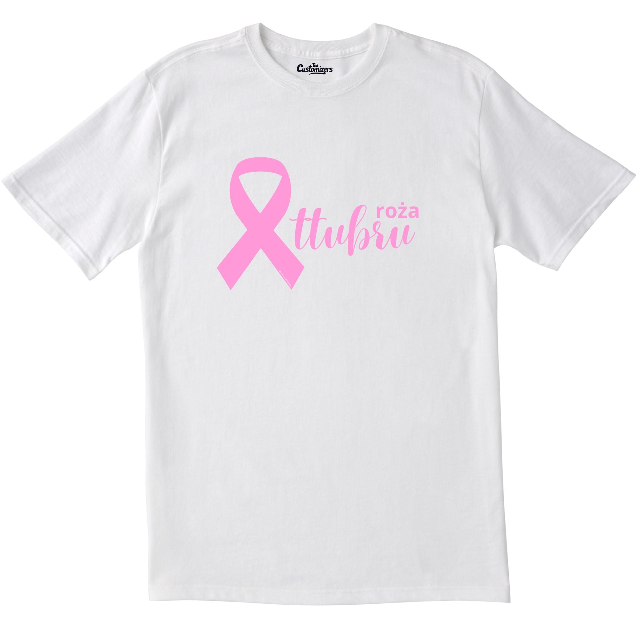 White unisex T-shirt with pink ribbon and Maltese text 'Ottubru Roża' supporting breast cancer awareness and Pink October – by The Customizers.