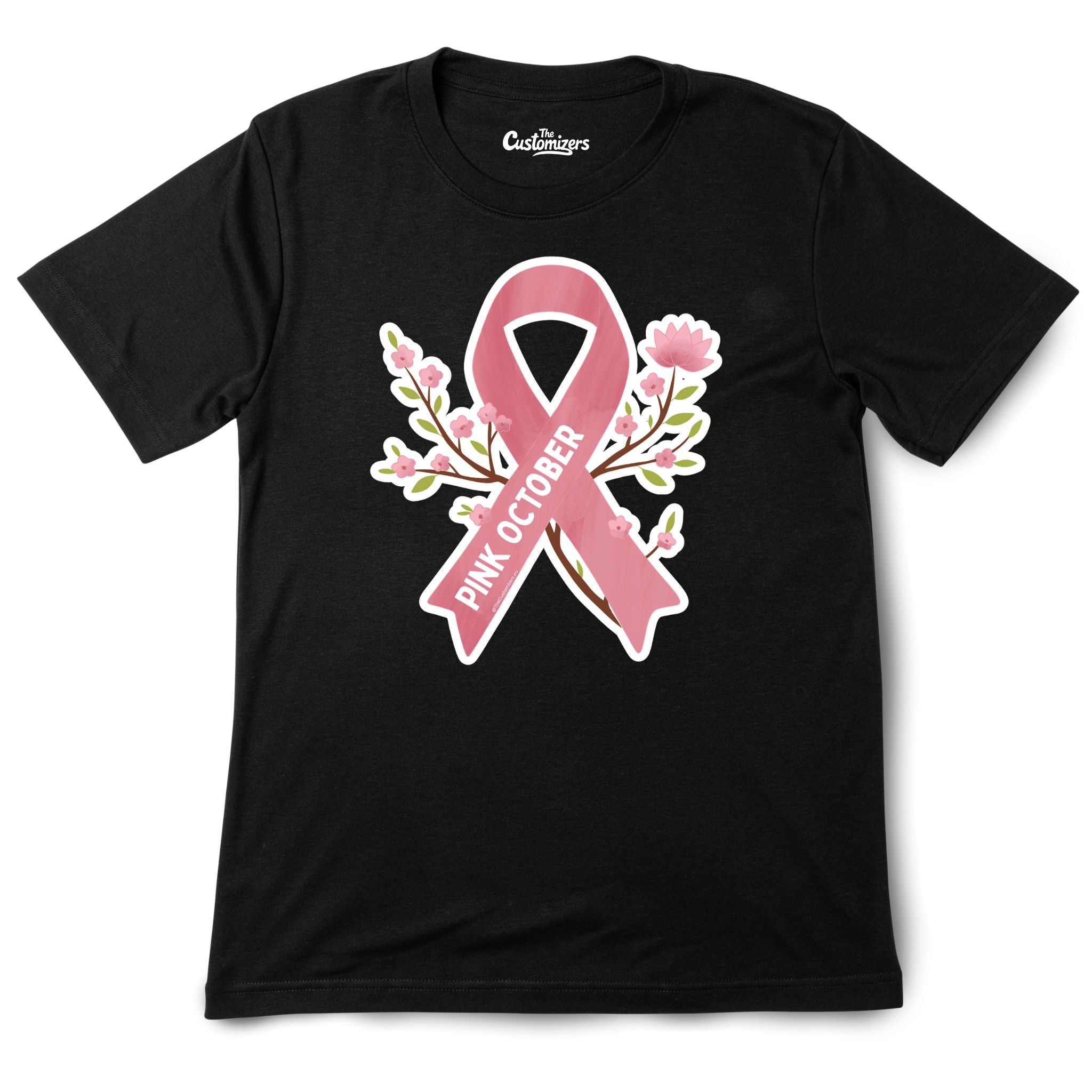 Black unisex T-shirt featuring bold pink ribbon with flowers and 'Pink October' text – breast cancer awareness apparel by The Customizers.